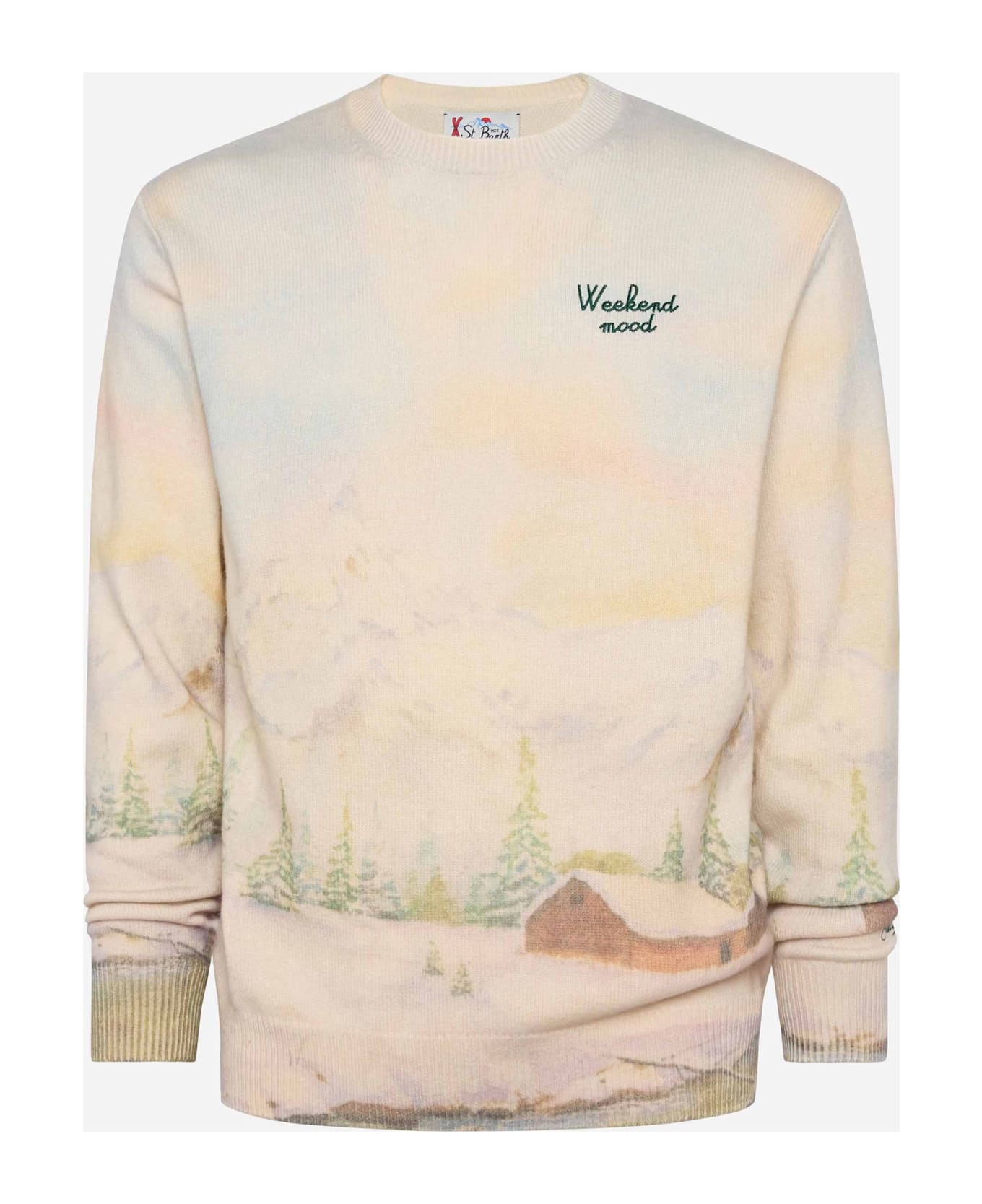 MC2 Saint Barth Crewneck Sweater Heron With Landscape Print And Weekend Mood Embroidery - WHITE