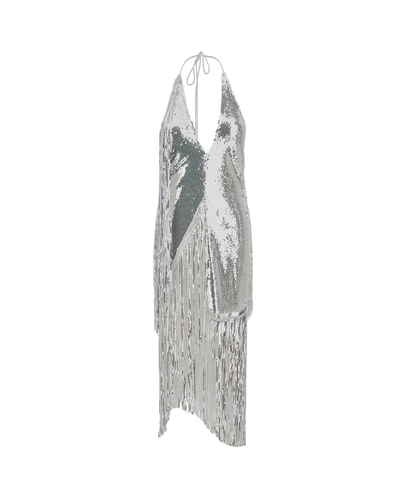 Rotate by Birger Christensen Midi Silver Dress With Fringes And Paillettes In Stretch Fabric Woman - Metallic