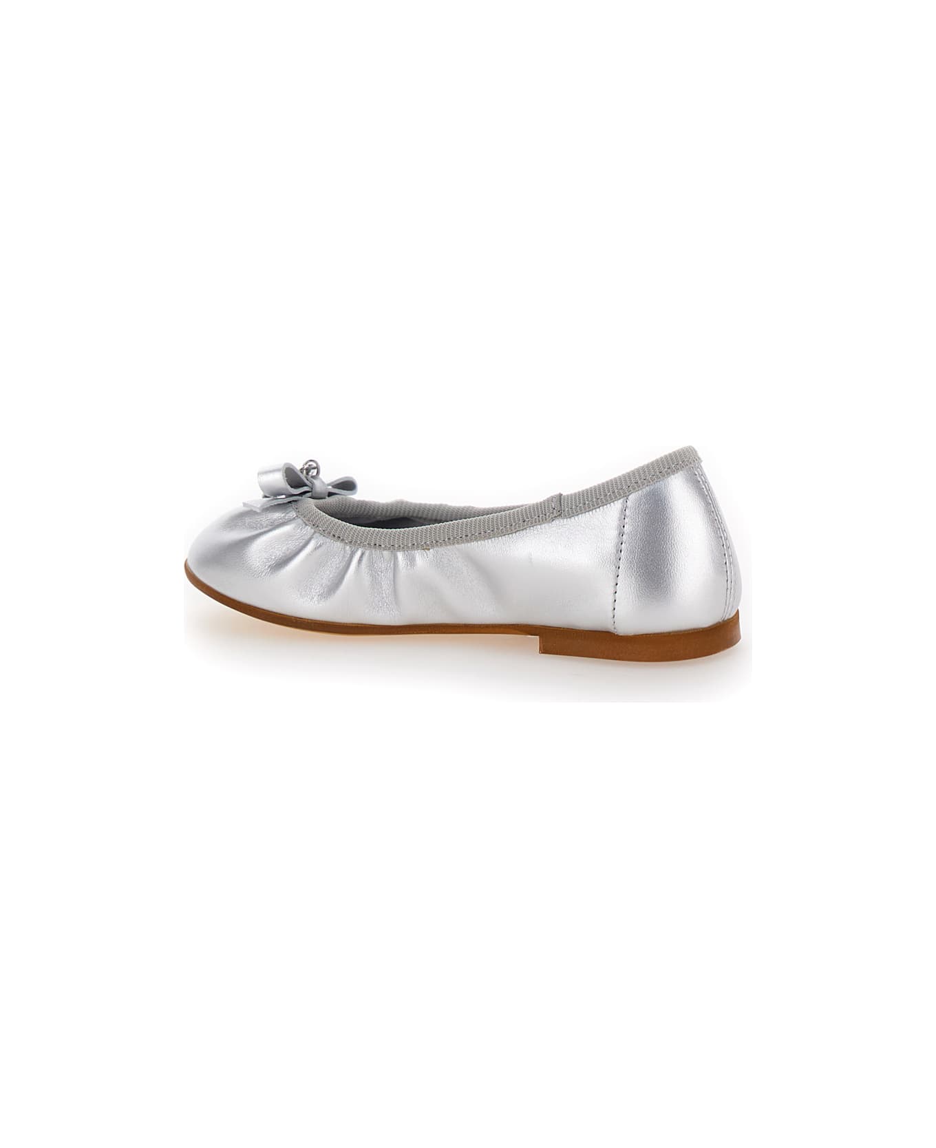 Monnalisa Silver Ballet Flats With Logo Charm In Laminated Leather Girl - Metallic