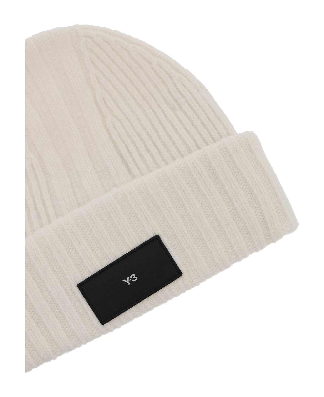 Y-3 Beanie Hat In Ribbed Wool With Logo Patch - TALC (White)