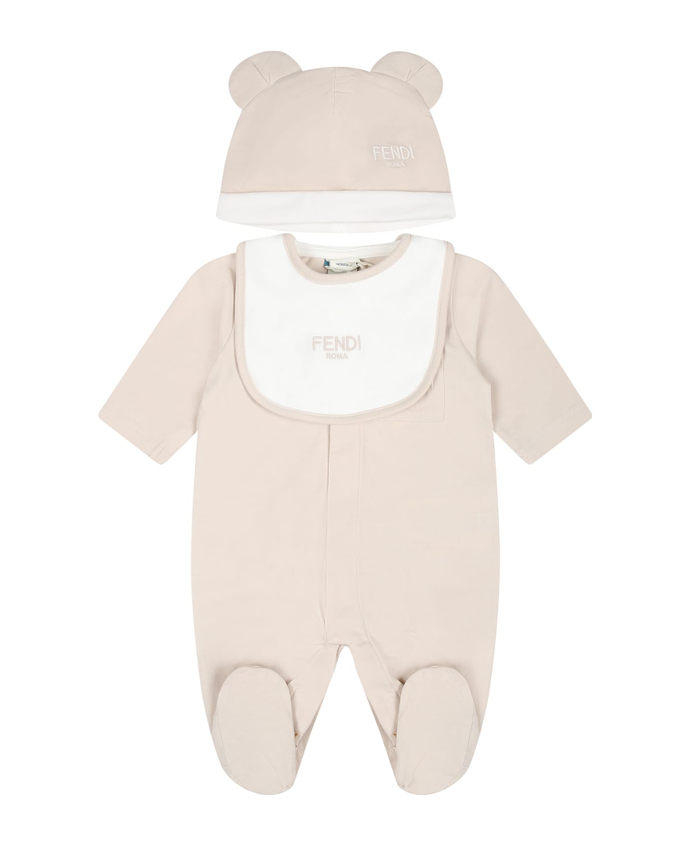 Fendi Beige Babygrow Set For Babykids With Bear And Fendi Logo - Beige ボディスーツ＆セットアップ