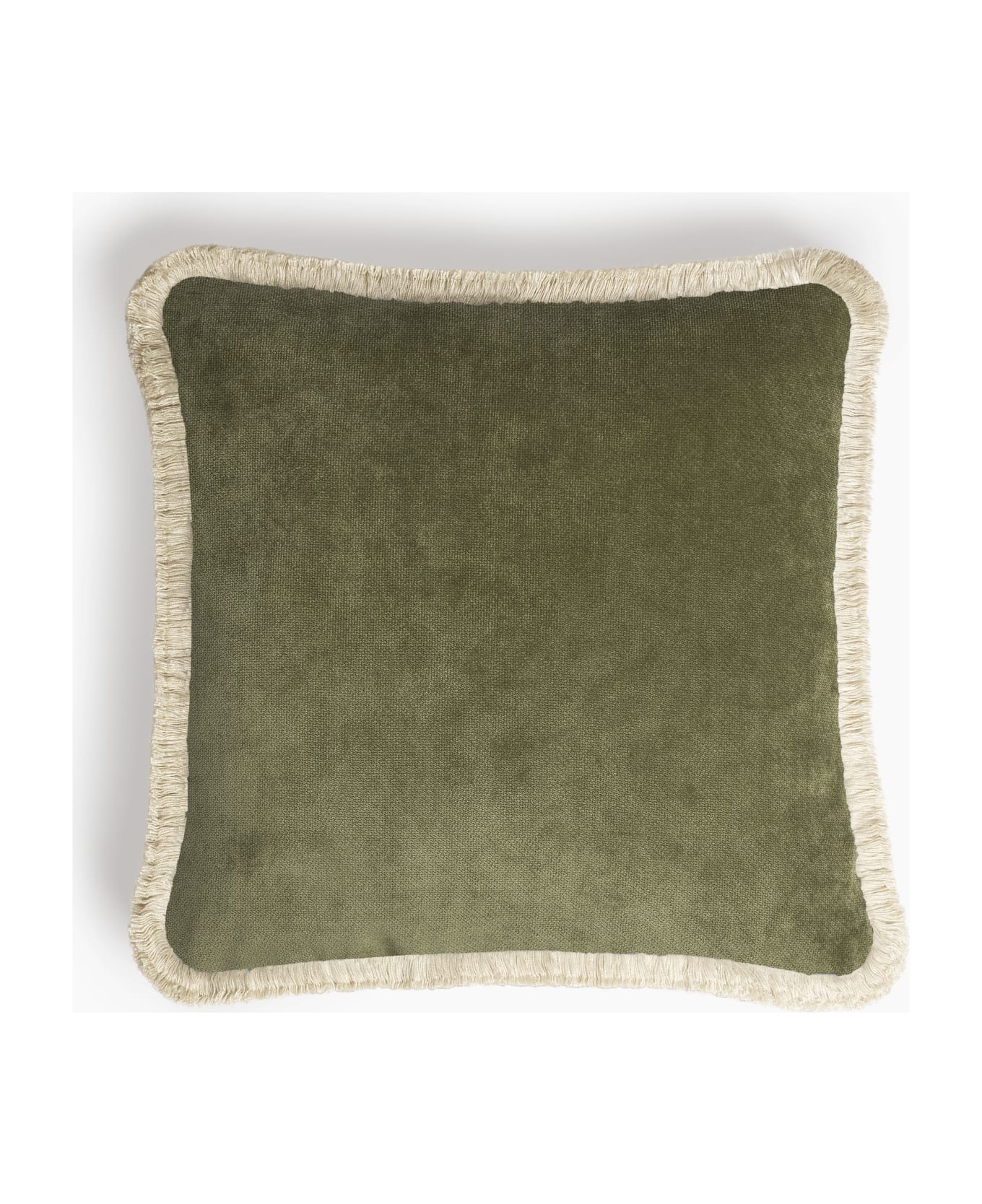 Lo Decor Happy Pillow  Olive Green Velvet Dirty White Fringes - Olive green with dirty white fringes