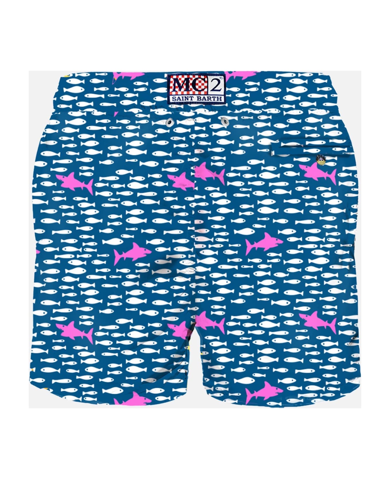 MC2 Saint Barth Man Light Fabric Swim Shorts With Fish And Sharks Print - BLUE