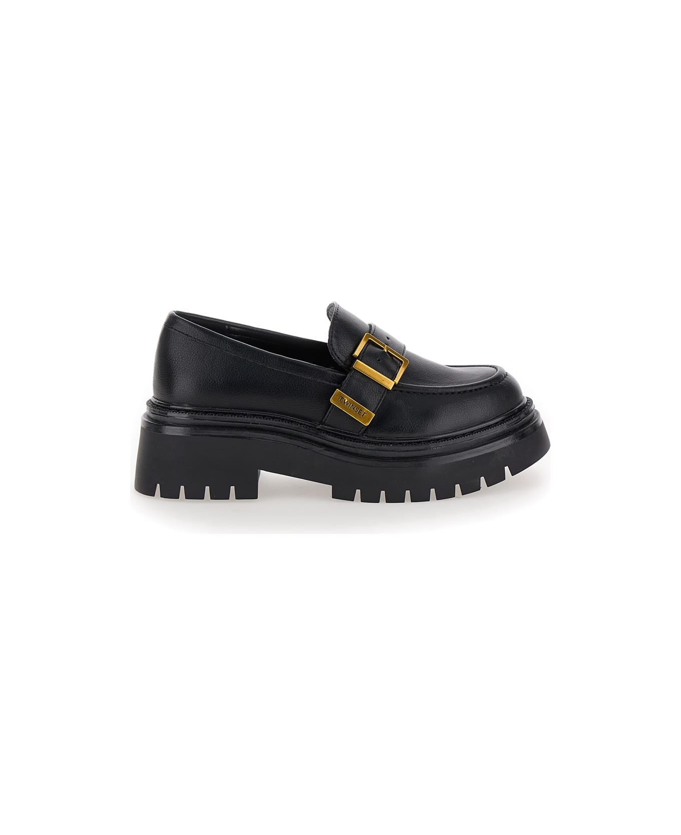 TwinSet Black Loafers With Platform And Logo In Leather Woman - Black