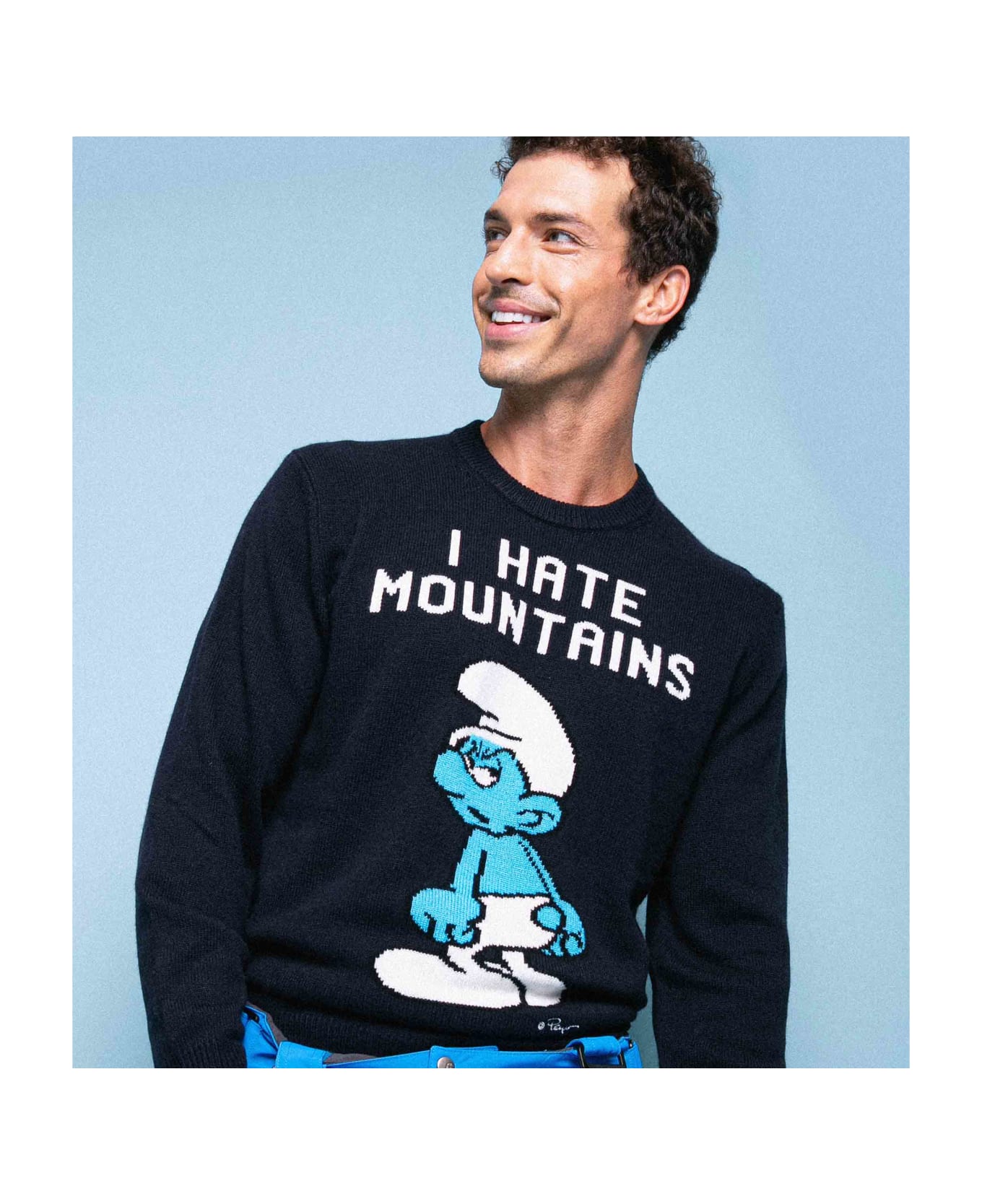 MC2 Saint Barth Man Blue Navy Sweater "i Hate Mountains Smurf" Print | ©peyo Special Edition - BLUE