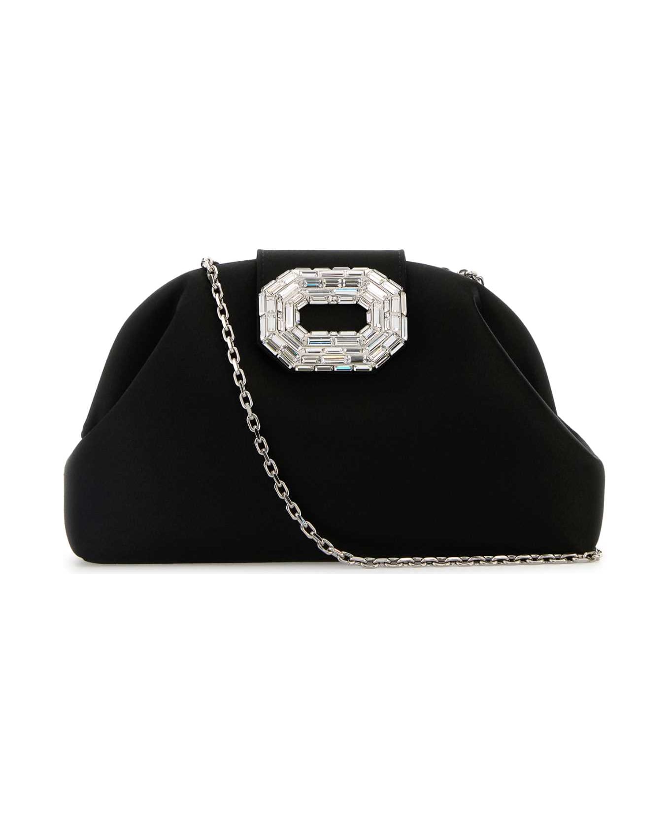 Amina Muaddi Black Satin Camelia Clutch - SATINBLACKSILVERHARDWARE