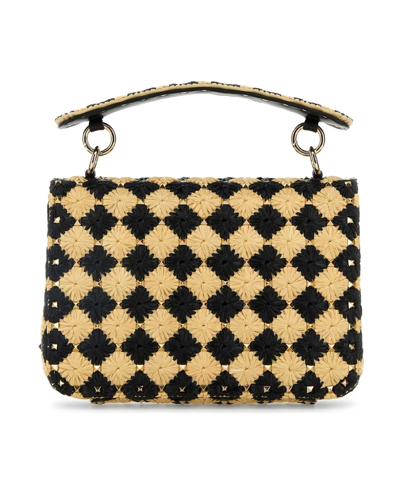 Valentino Garavani Two-tone Raffia Medium Rockstud Spike Handbag - NATURALENERO