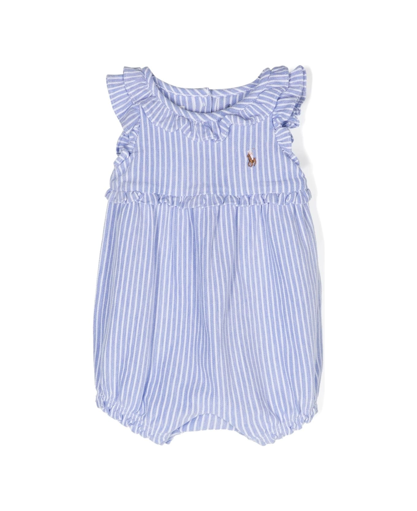 Ralph Lauren White And Blue Striped Romper With Pony - Blue