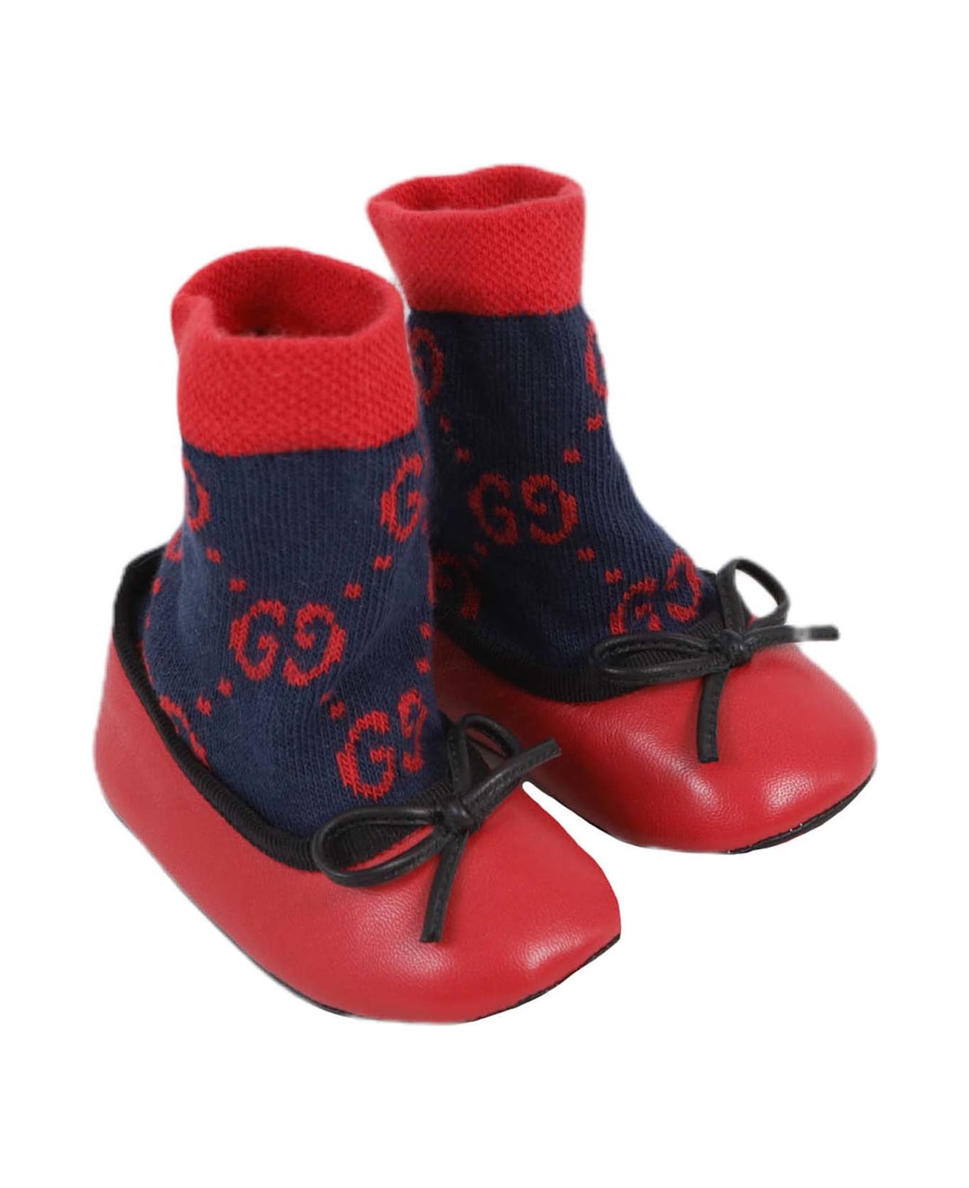 Gucci Baby Leather Ballet Flat With "gg" Sock - Red シューズ