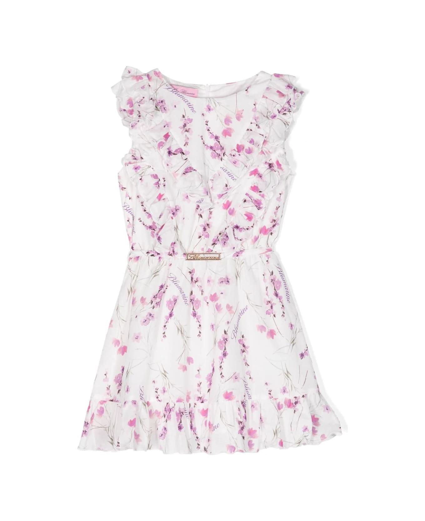 Miss Blumarine White Dress With Ruffles And Floral Print - WHITE ワンピース＆ドレス