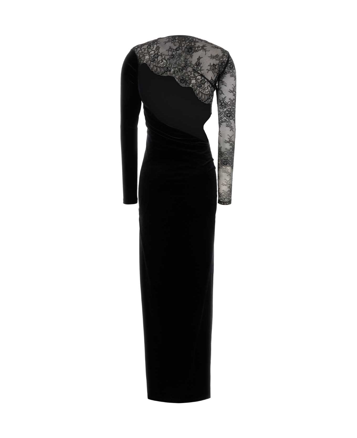 self-portrait Black Velvet Long Dress - BLACK