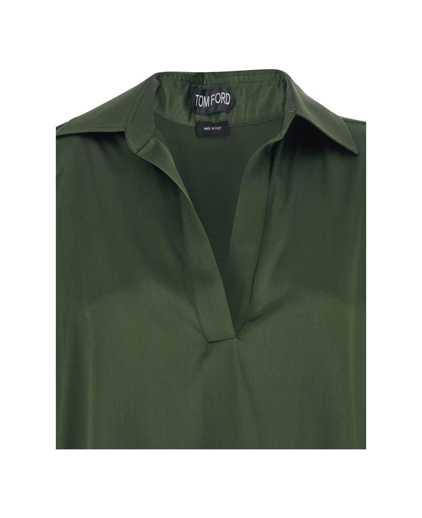 Tom Ford Green Blouse With V Neck And Wide Pointed Collar In Silk Stretch Woman - Green