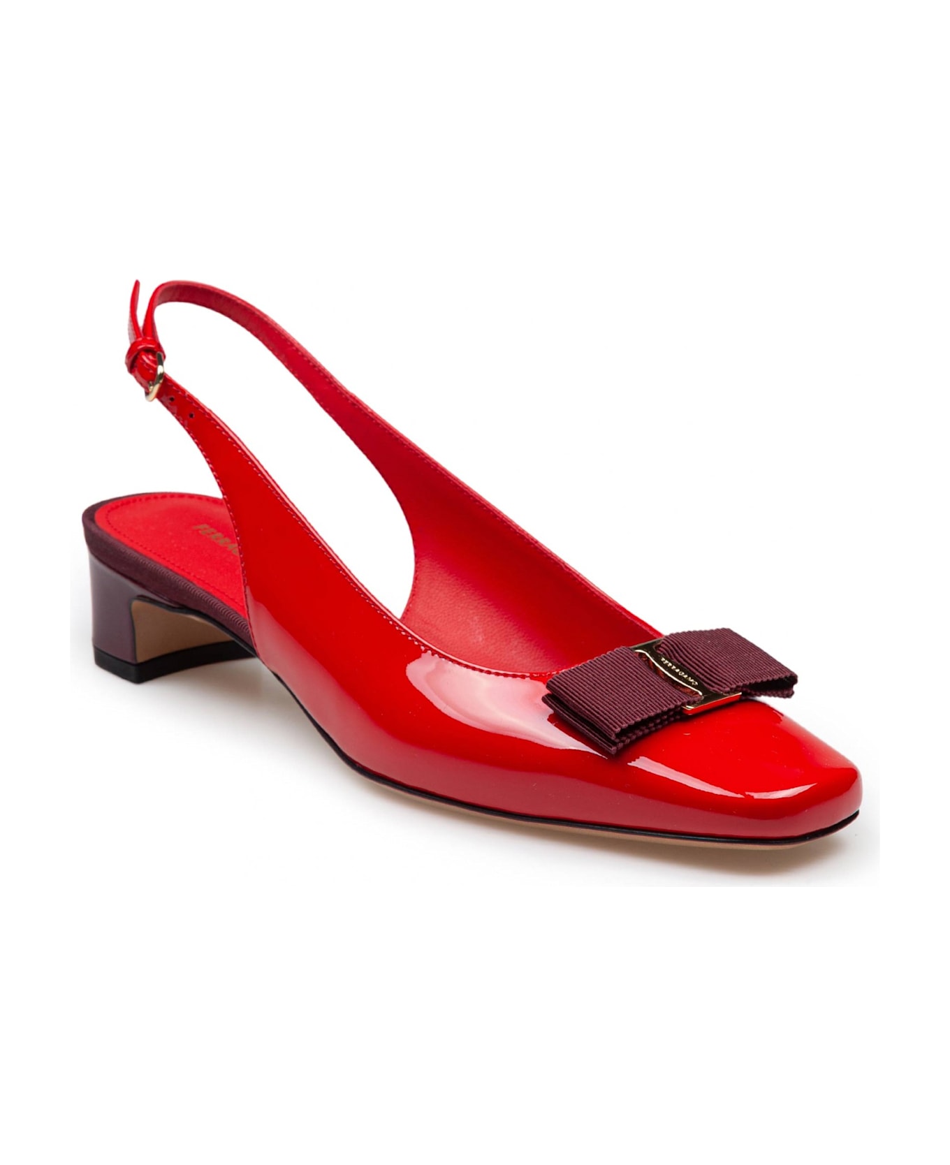 Ferragamo Slingback Rivalda In Patent Leather Burgundy Color - Flame Red 