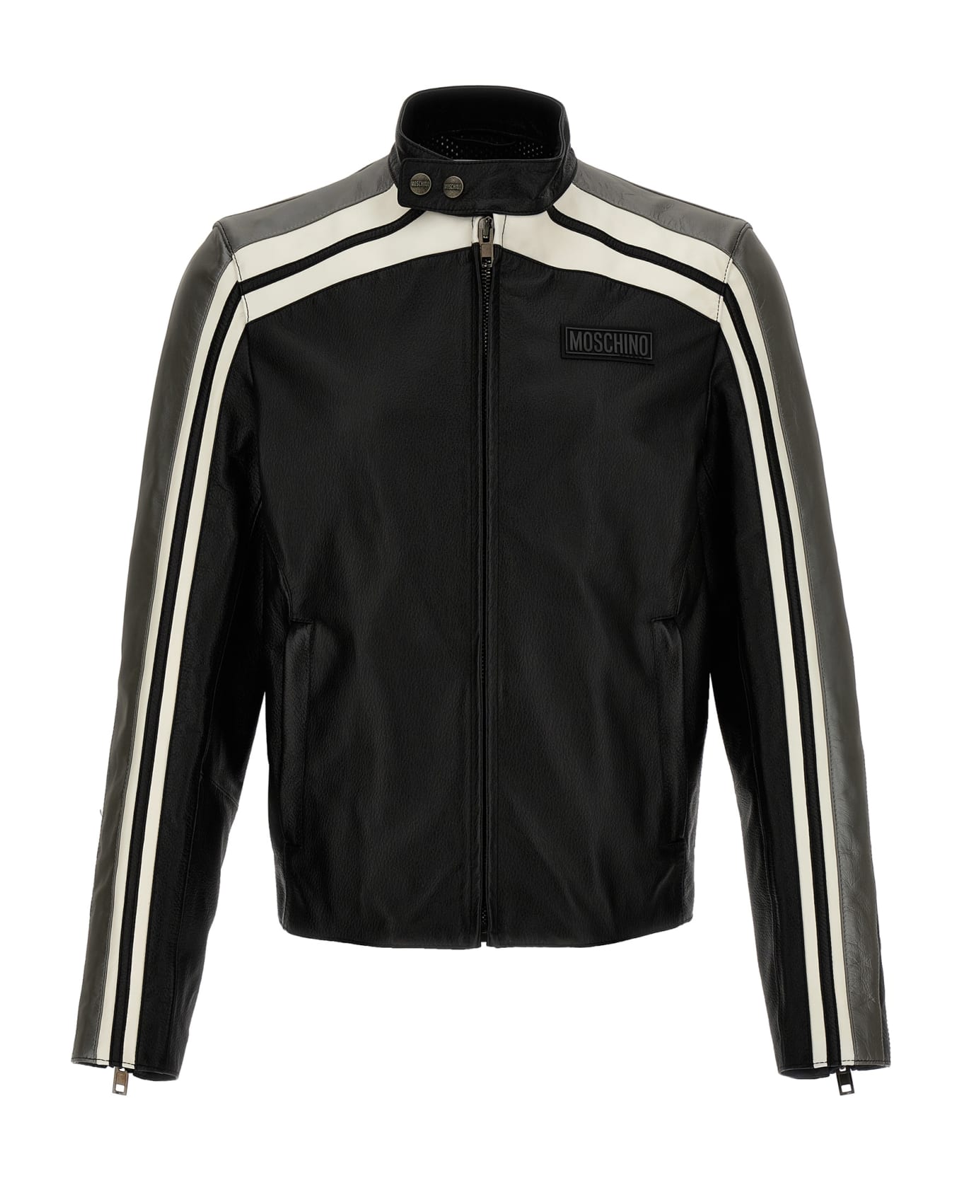Moschino Leather Jacket With Contrasting Bands - Black  