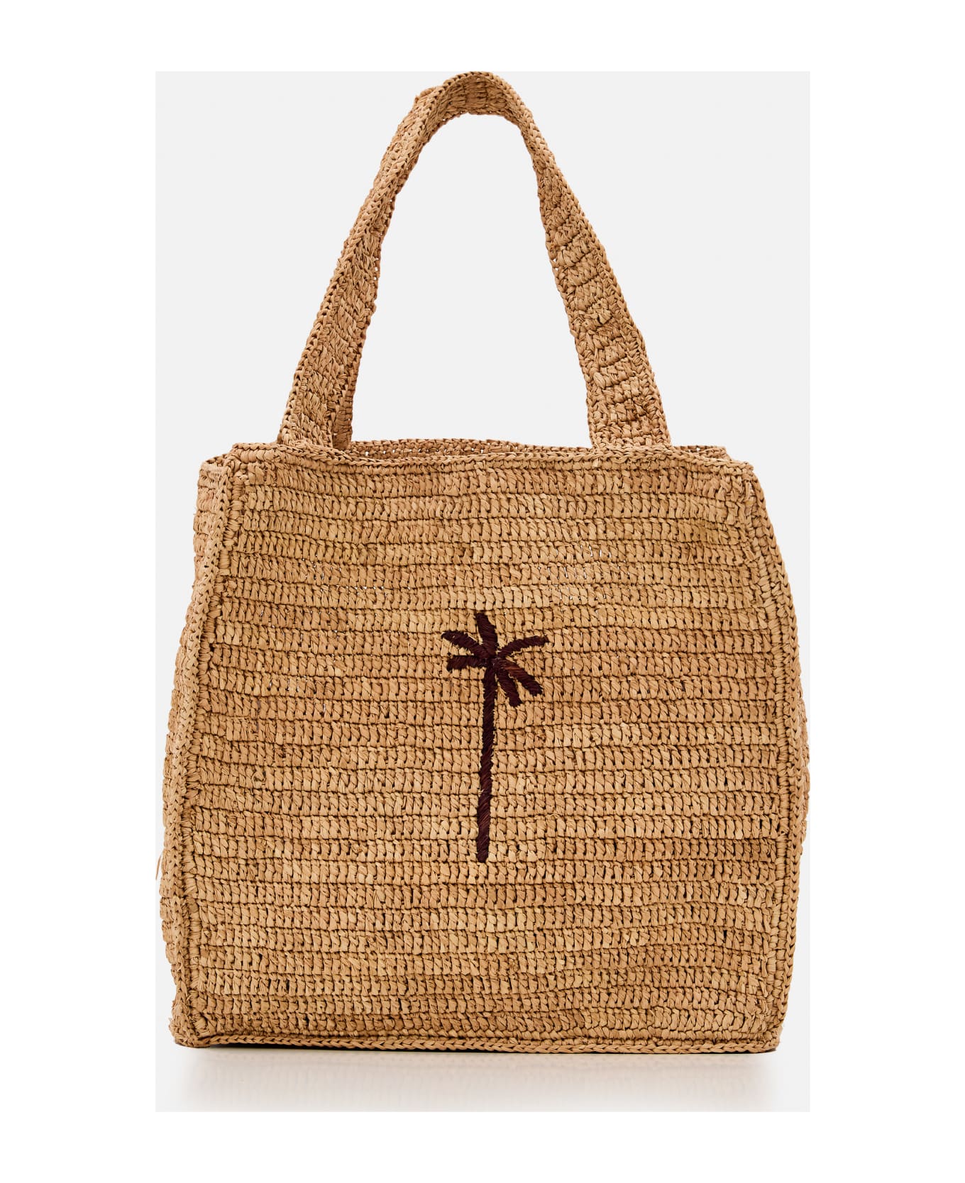 Manebi Squared Raffia Tote Bag W/palm Detail - Beige