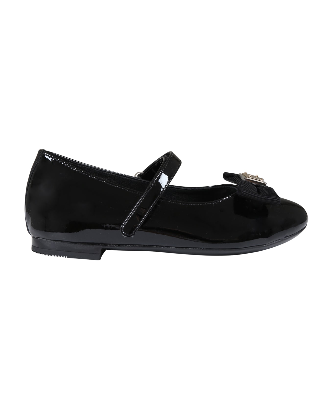 Dolce & Gabbana Black Ballet Flats For Girl With Logo And Bow - Black シューズ