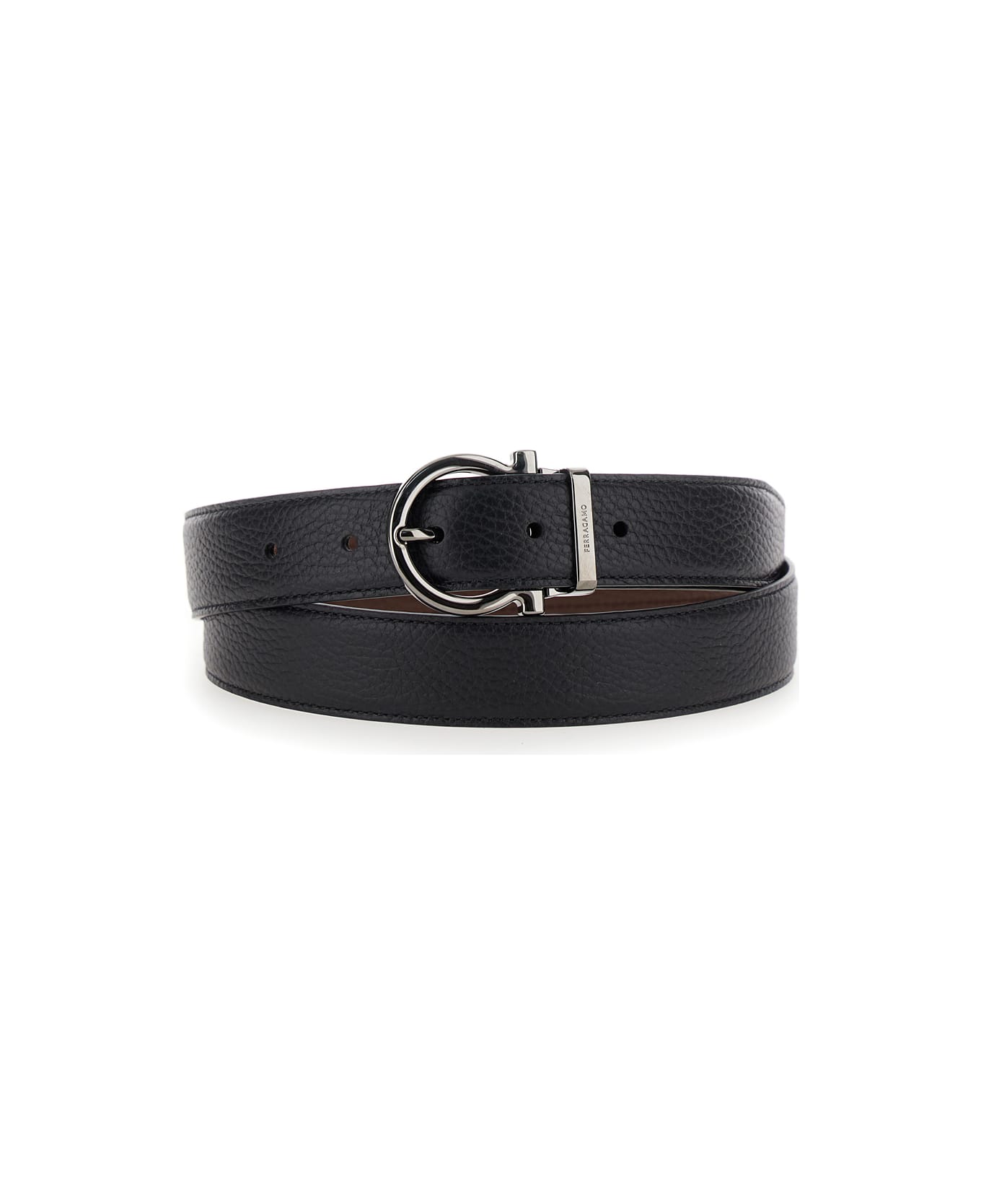 Ferragamo Black Belt With Gancini Buckle In Hammered Leather Man - Black