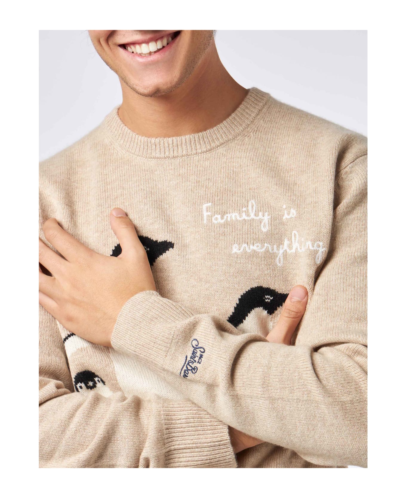 MC2 Saint Barth Man Sweater With Penguins Print And Family Is Everything Embroidery - BEIGE