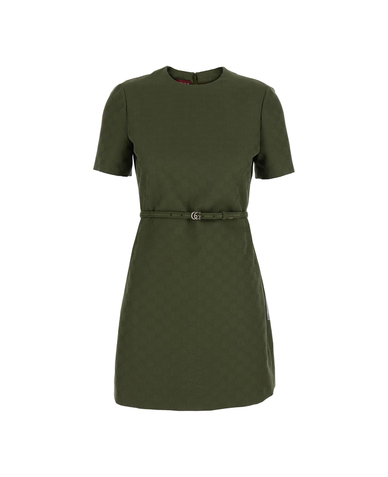 Gucci Green Mini Dress With Gg Buckle Belt In Fabric Woman - Green