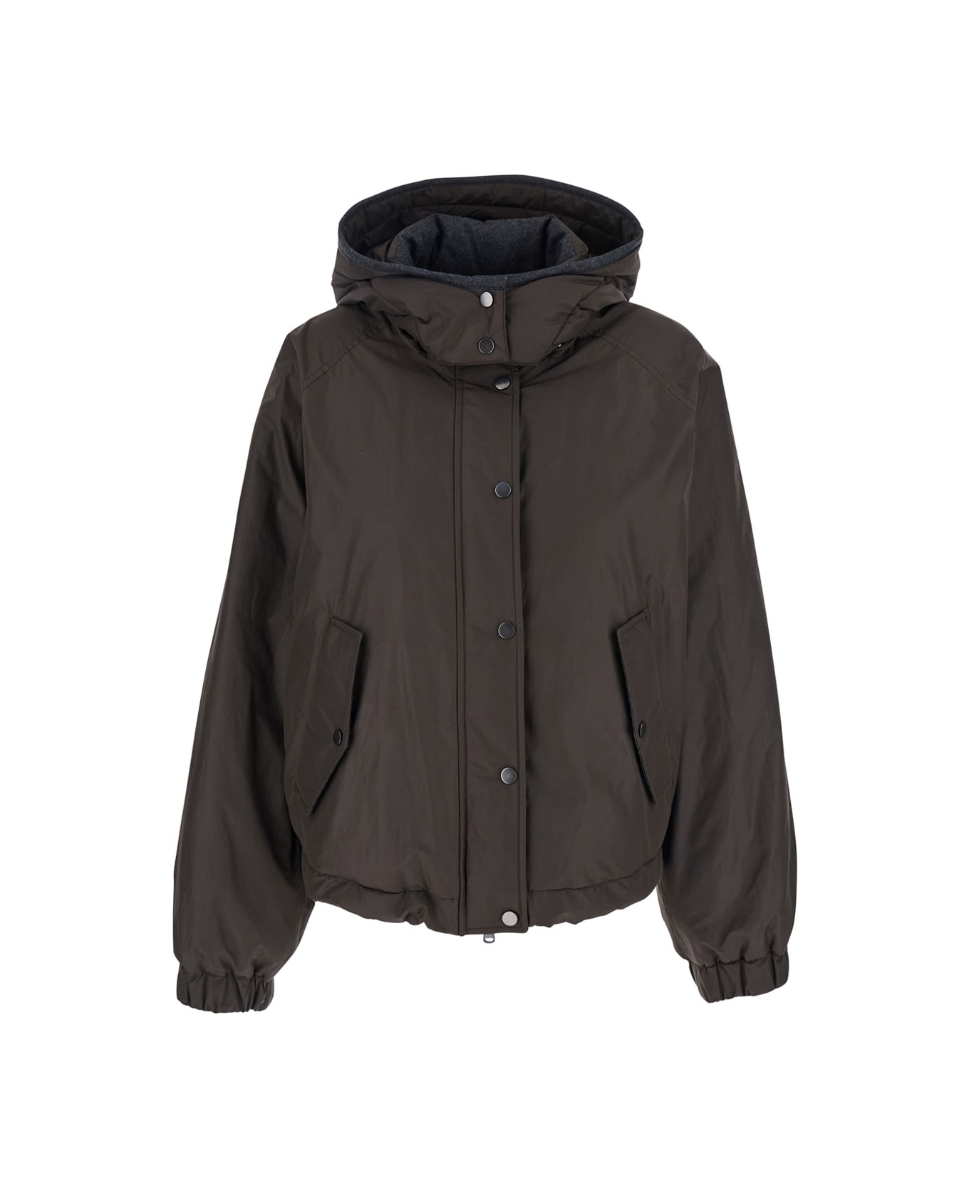 Brunello Cucinelli Green Jacket With Fixed Hood With Snap Buttons In Cotton Blend Woman - Green