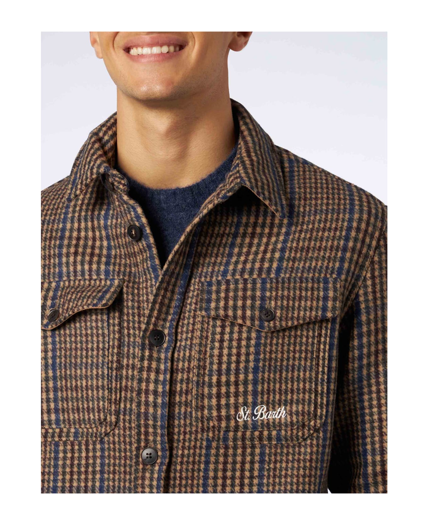 MC2 Saint Barth Man Wooly Prince Of Wales Overshirt With Pockets And Patches - BROWN