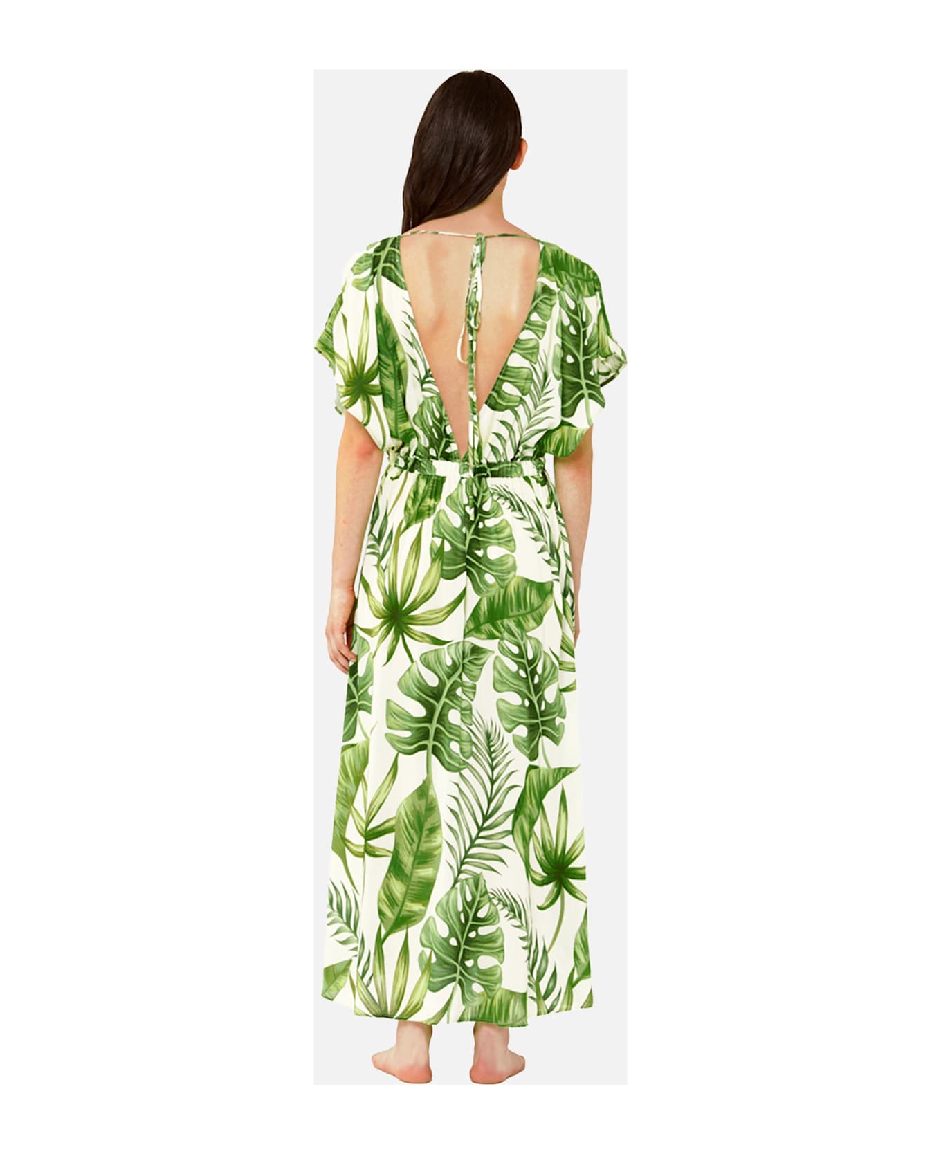 MC2 Saint Barth Tropical Leaves Print Long Dress - WHITE