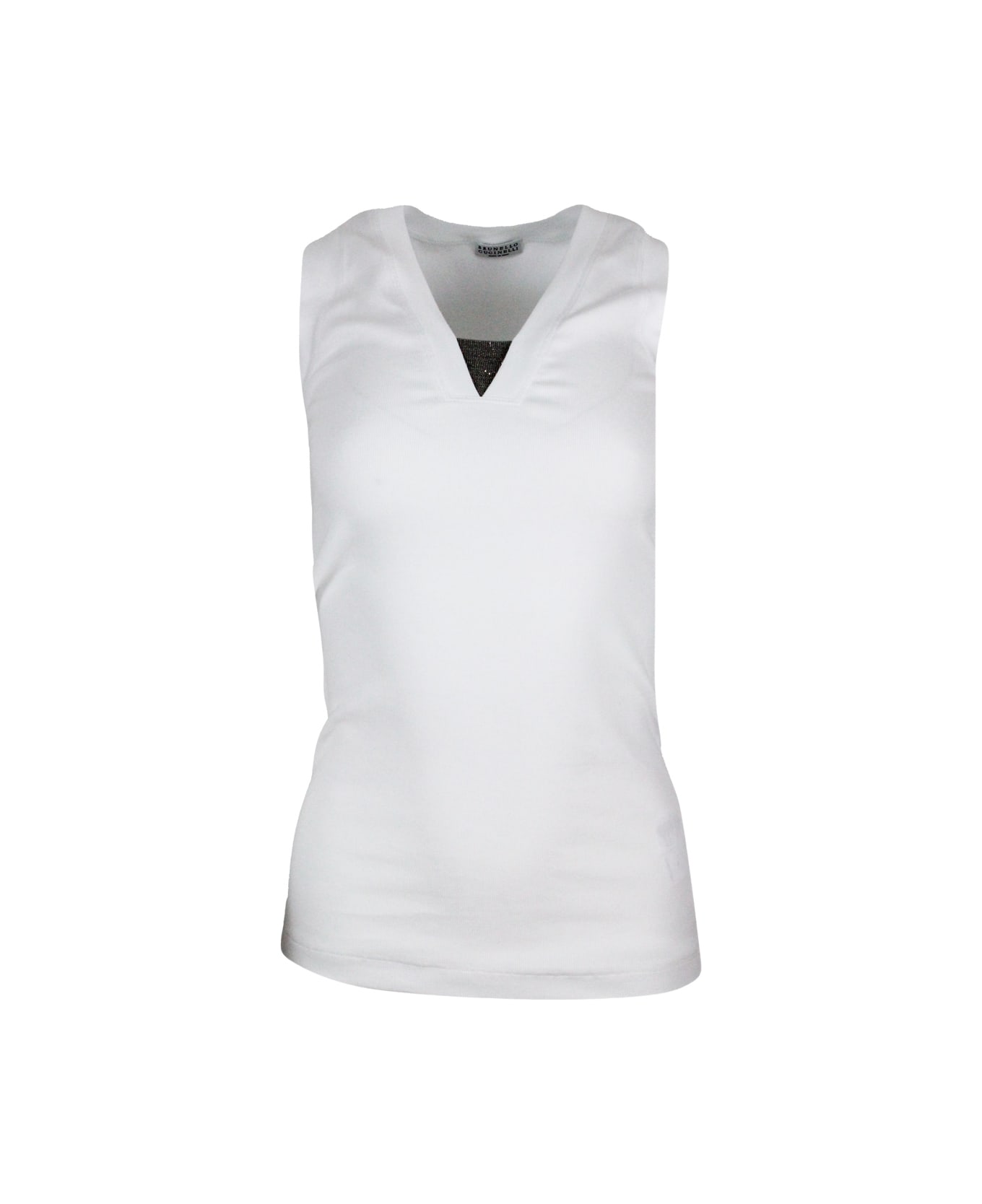 Brunello Cucinelli Tank Top T-shirt In Ribbed Stretch Cotton With V-neck And Monili - White