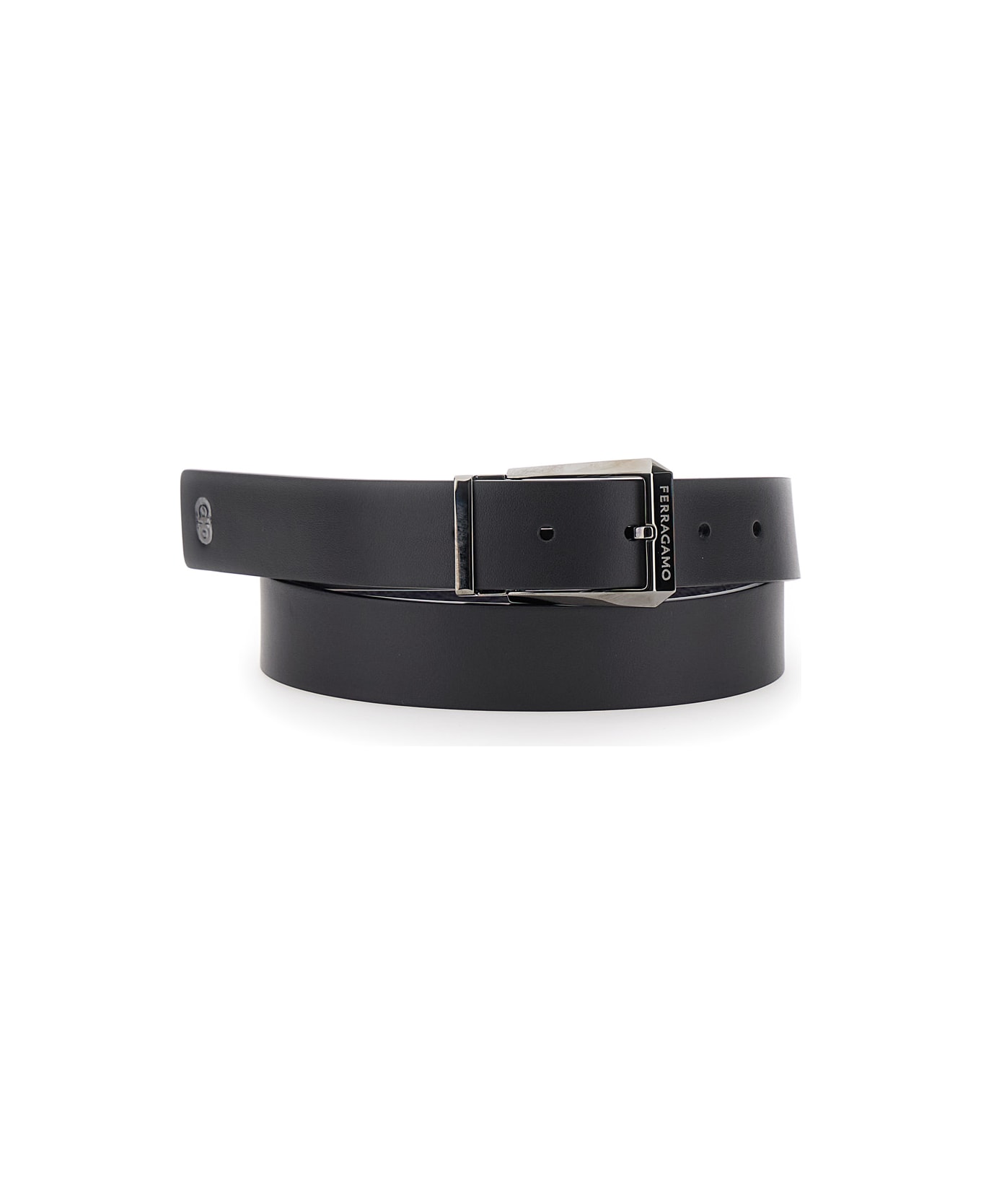 Ferragamo Black Reversible Belt With Engraved Logo In Smooth And Hammered Leather Man - Black