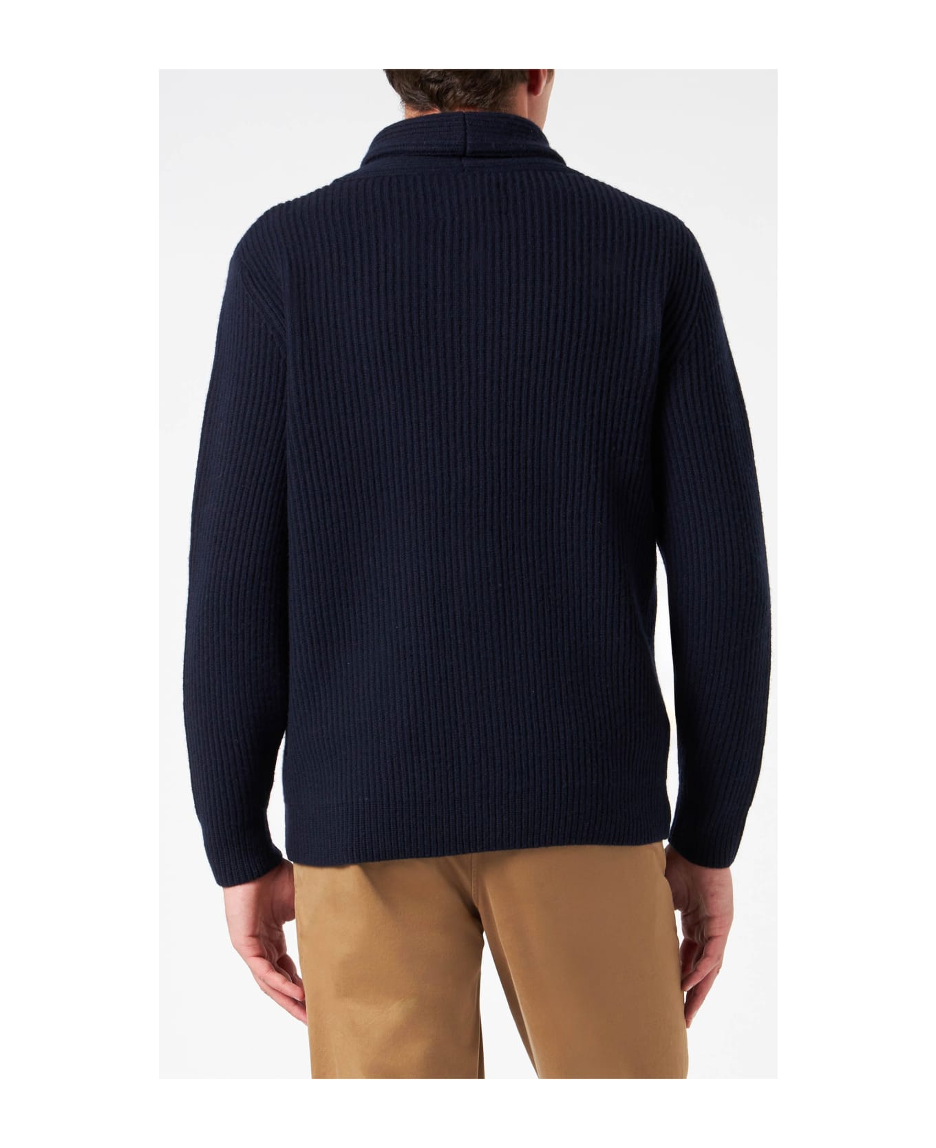 MC2 Saint Barth Man Shawl Collar Blue Ribbed Cardigan With Pockets And Patch - BLUE