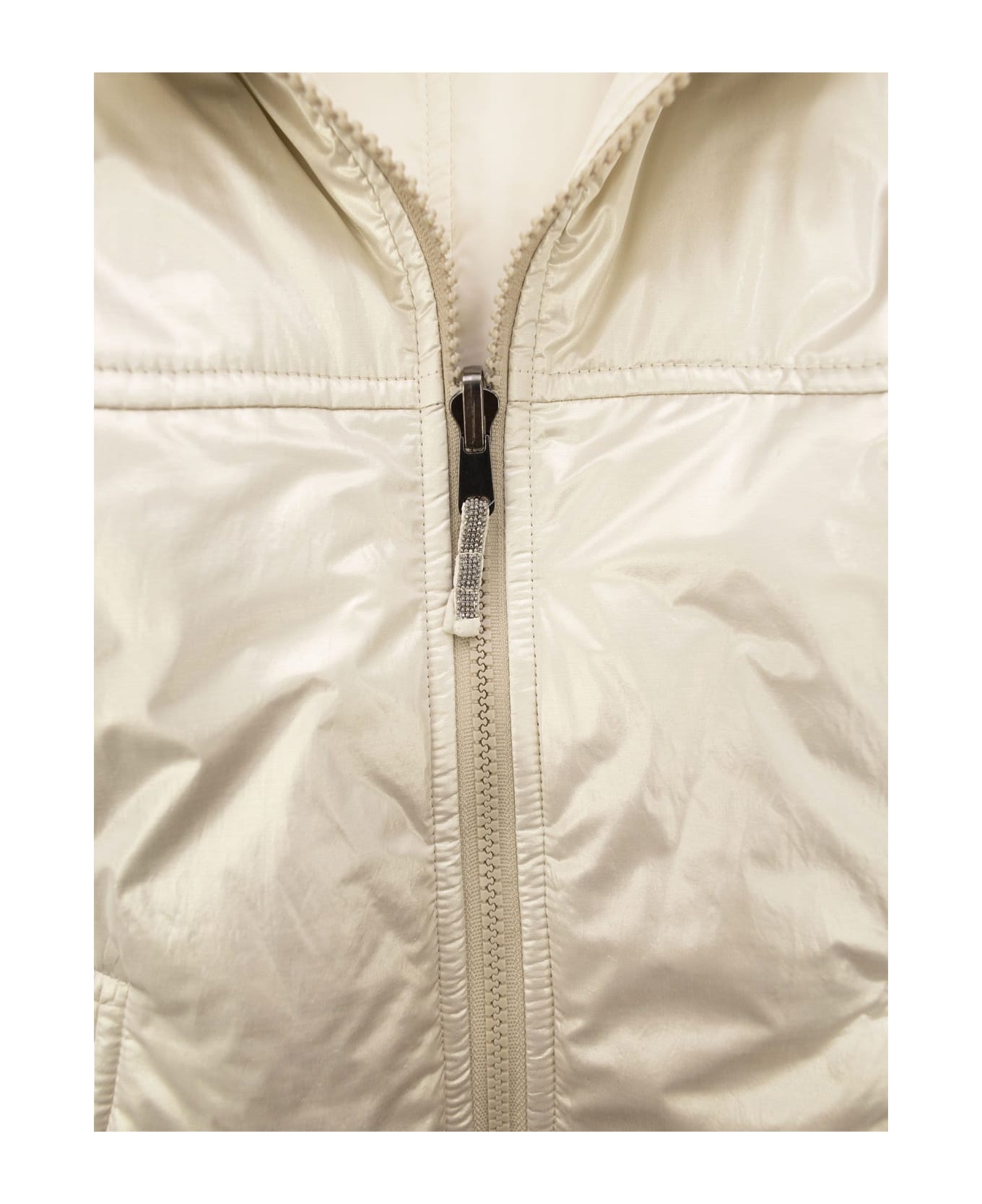 Brunello Cucinelli Reversible Down Jacket In Sparkling Canvas With Hood And Necklace - Pearl