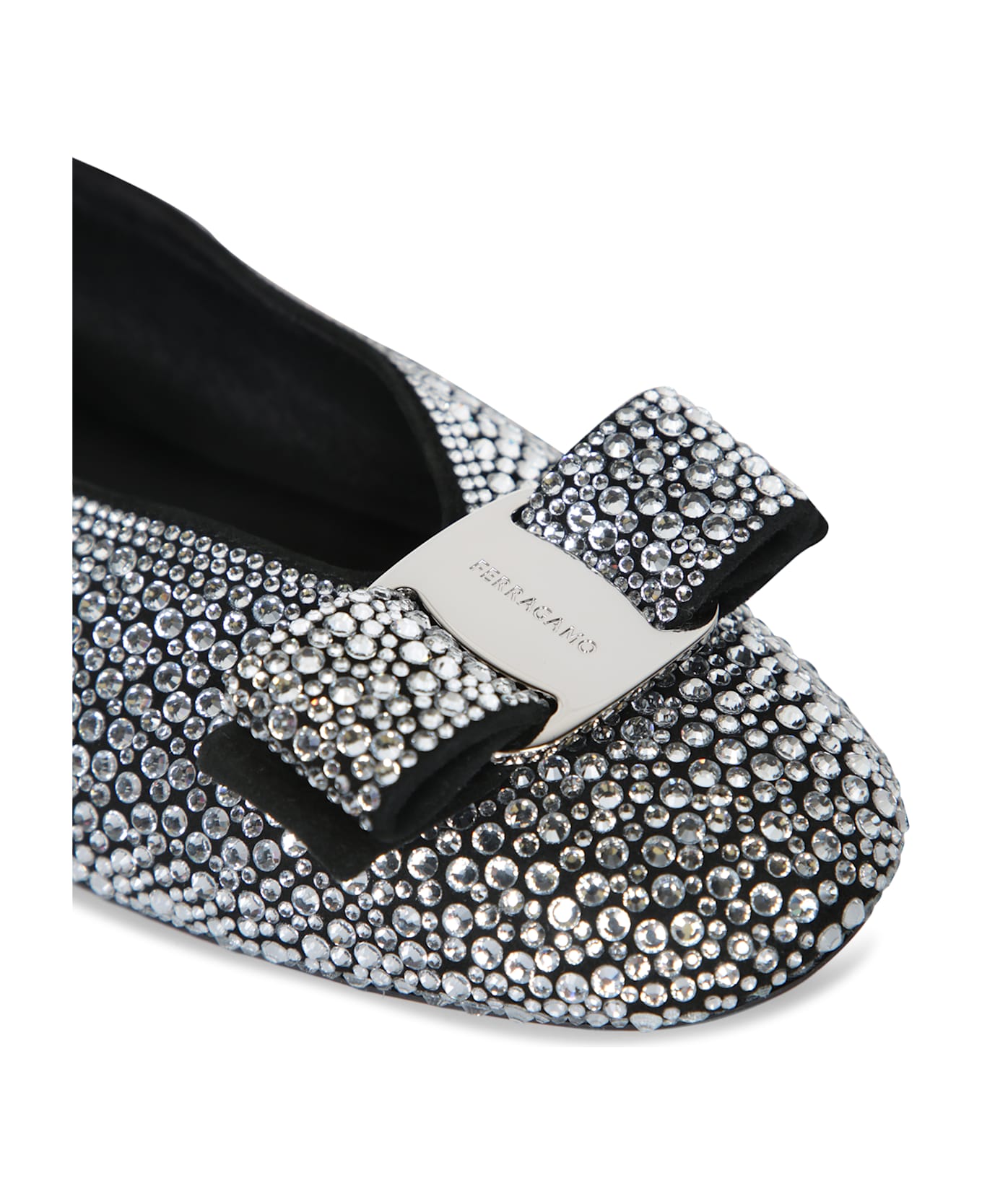 Ferragamo New Vara Suede Crystals Black Ballerina - Black