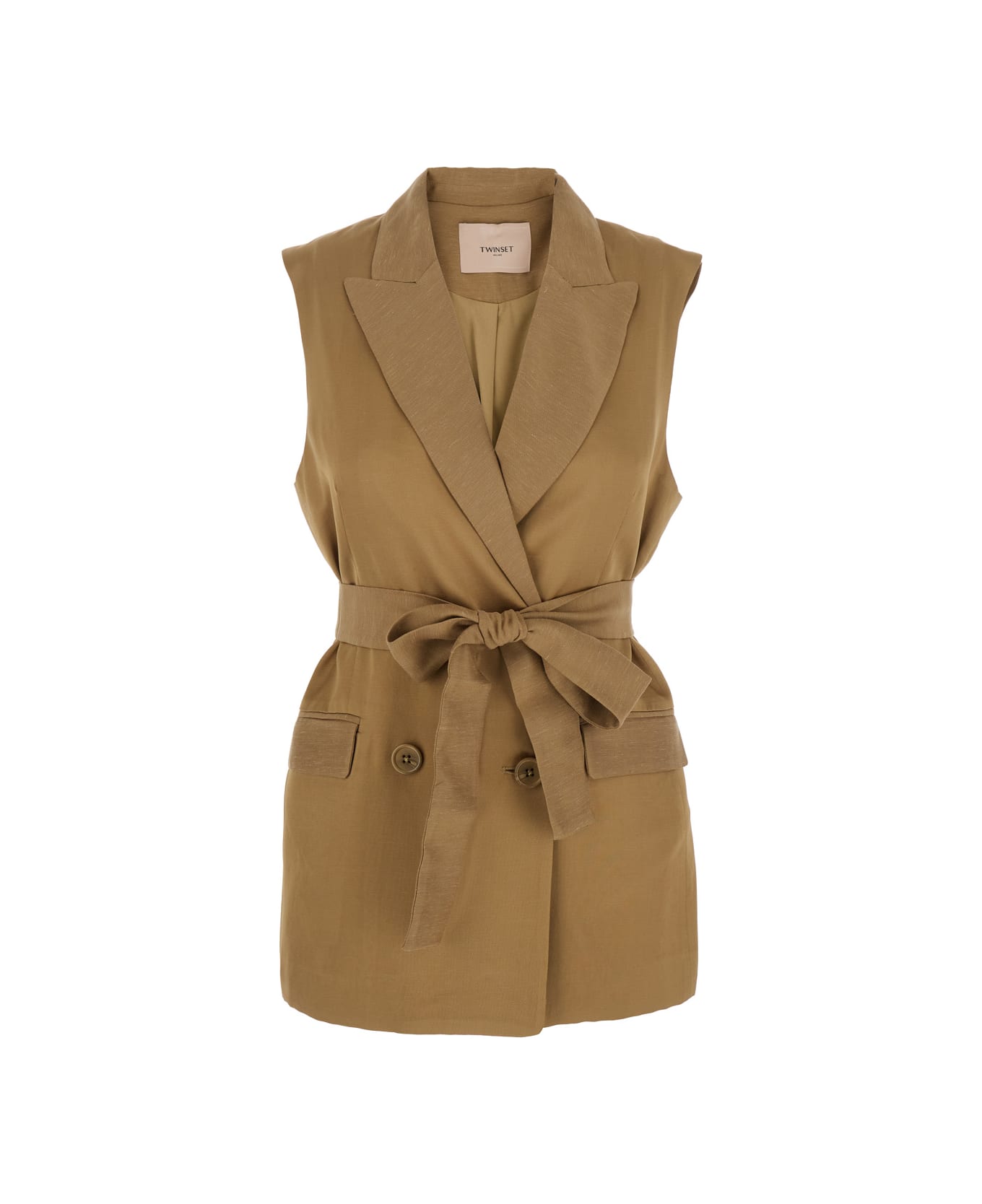 TwinSet Beige Double-breasted Vest With Peak Revers And Adjustable Belt In Viscose Blend Woman - Beige