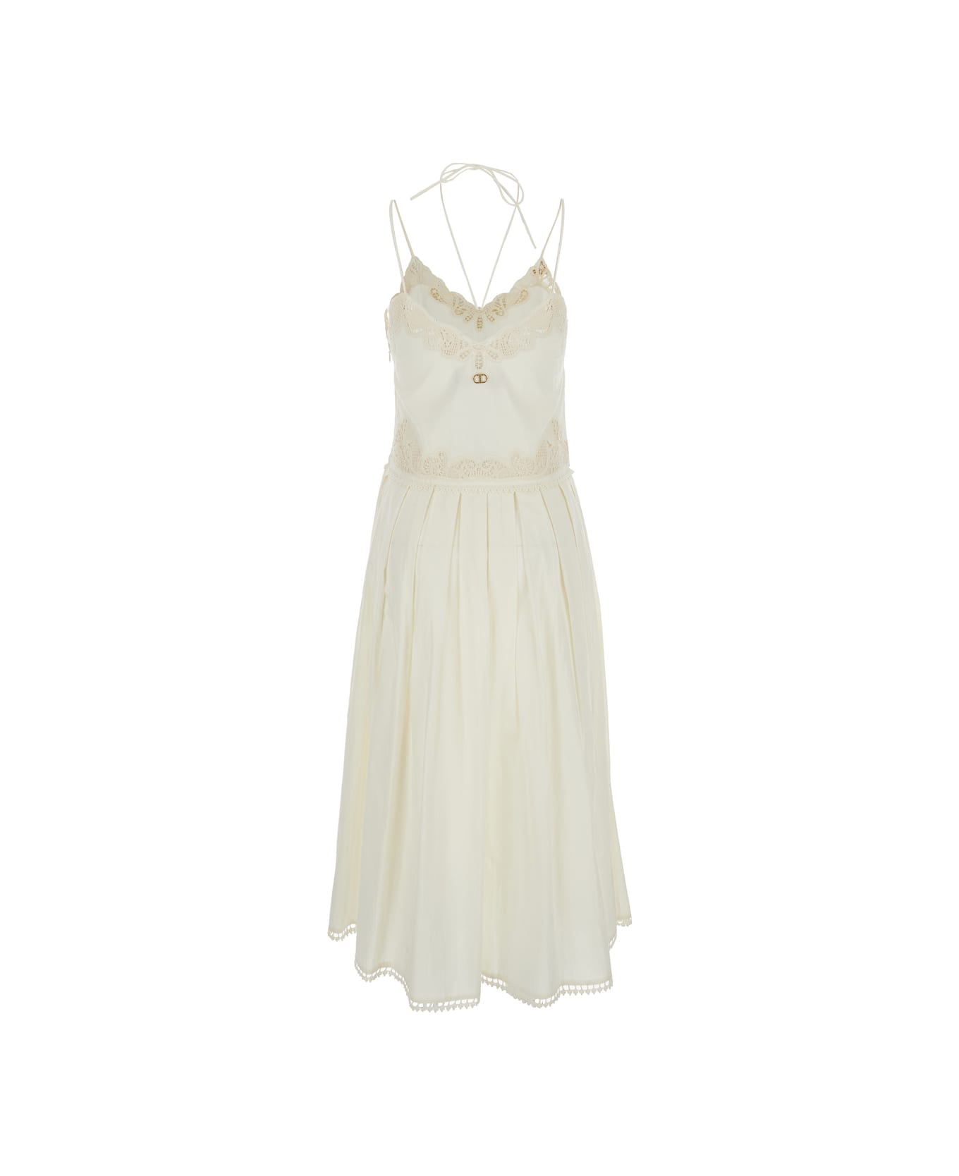 TwinSet White Dress With V Neck And All-over Lace Embroidery In Cotton Woman - White
