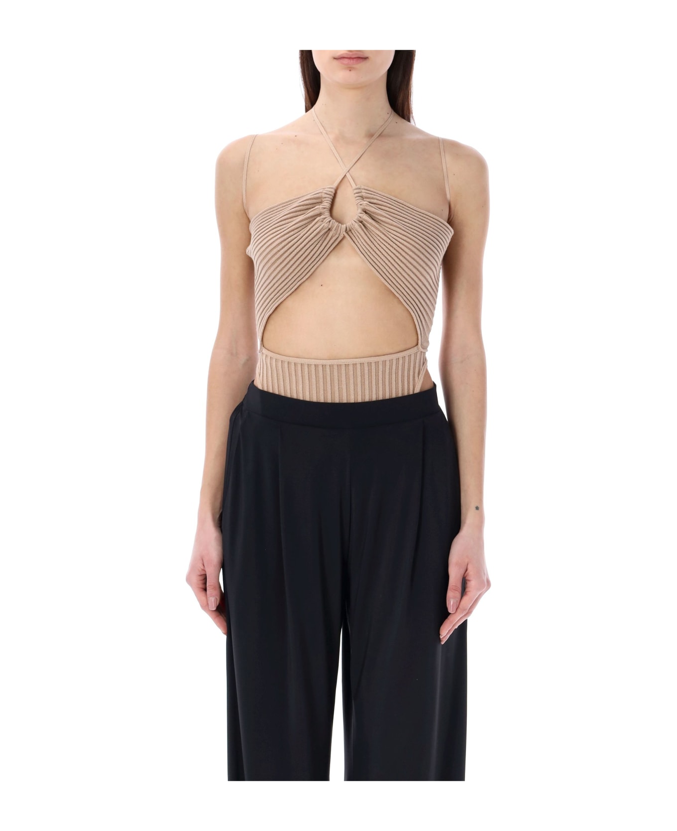 ANDREĀDAMO Ribbed Knit Sleeveless Bodysuit With Cut - NUDE