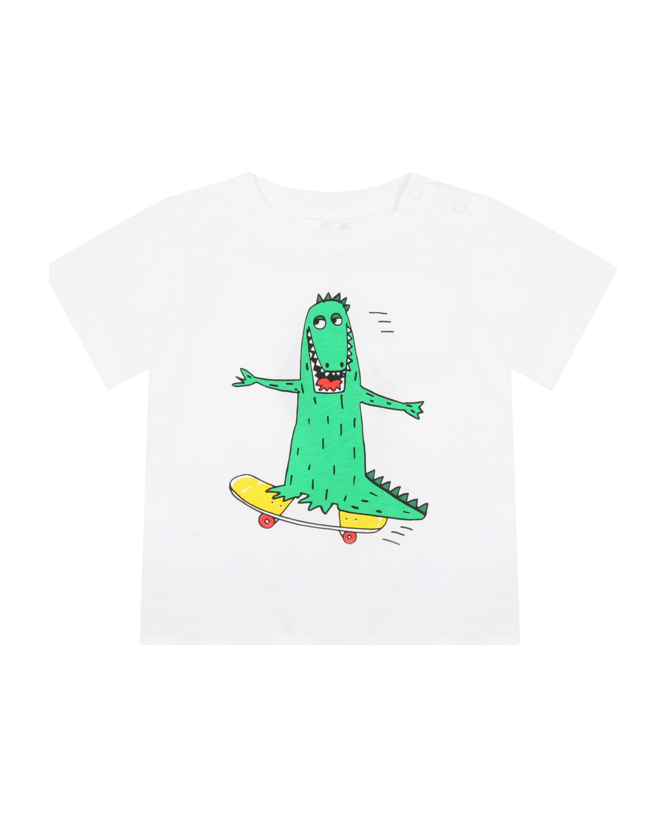 Stella McCartney Kids White T-shirt For Baby Boy With Green Crocodile - White