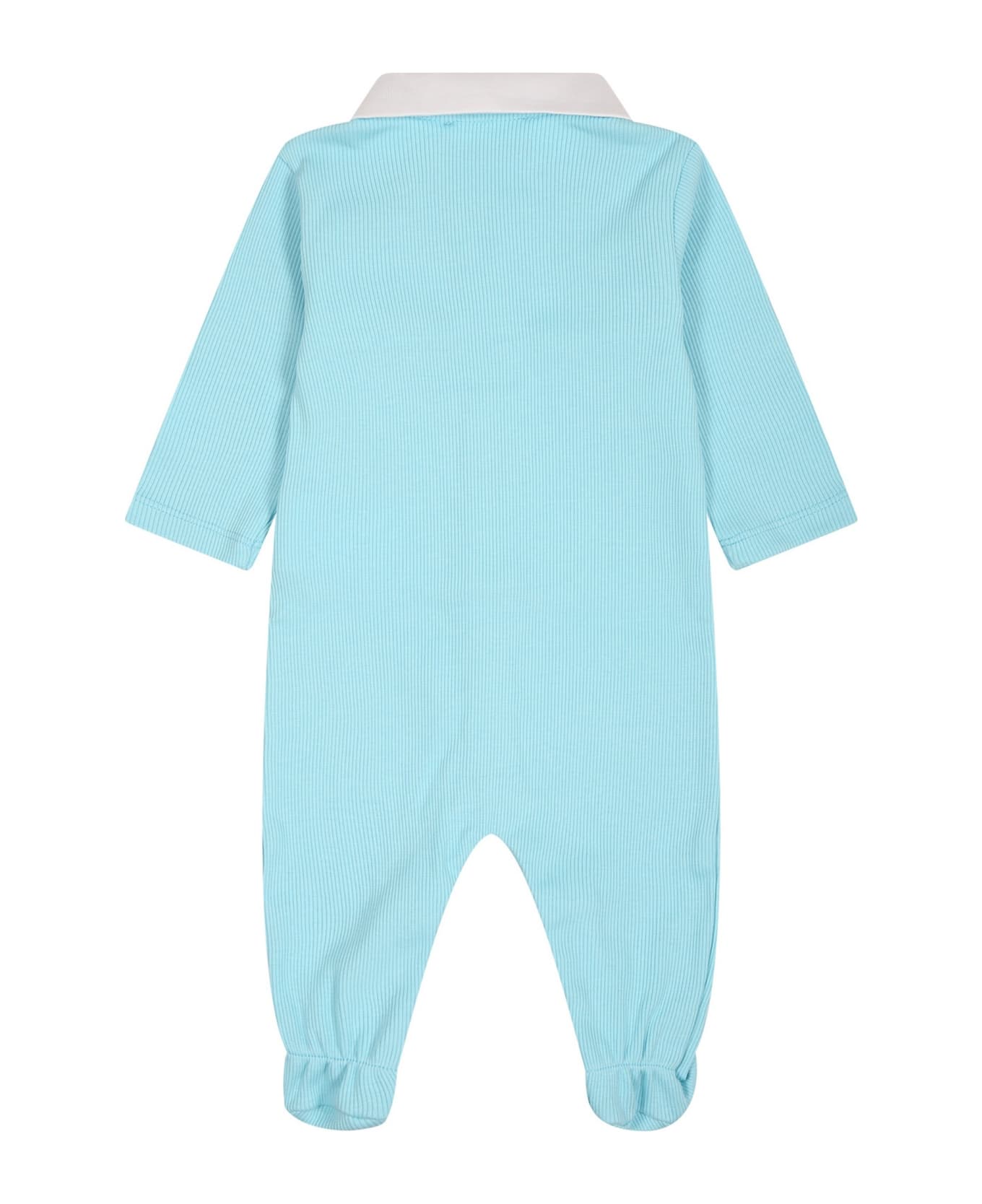 Moschino Light Blue Babygrow For Baby Boy With Teddy Bear And Logo - Light Blue ボディスーツ＆セットアップ