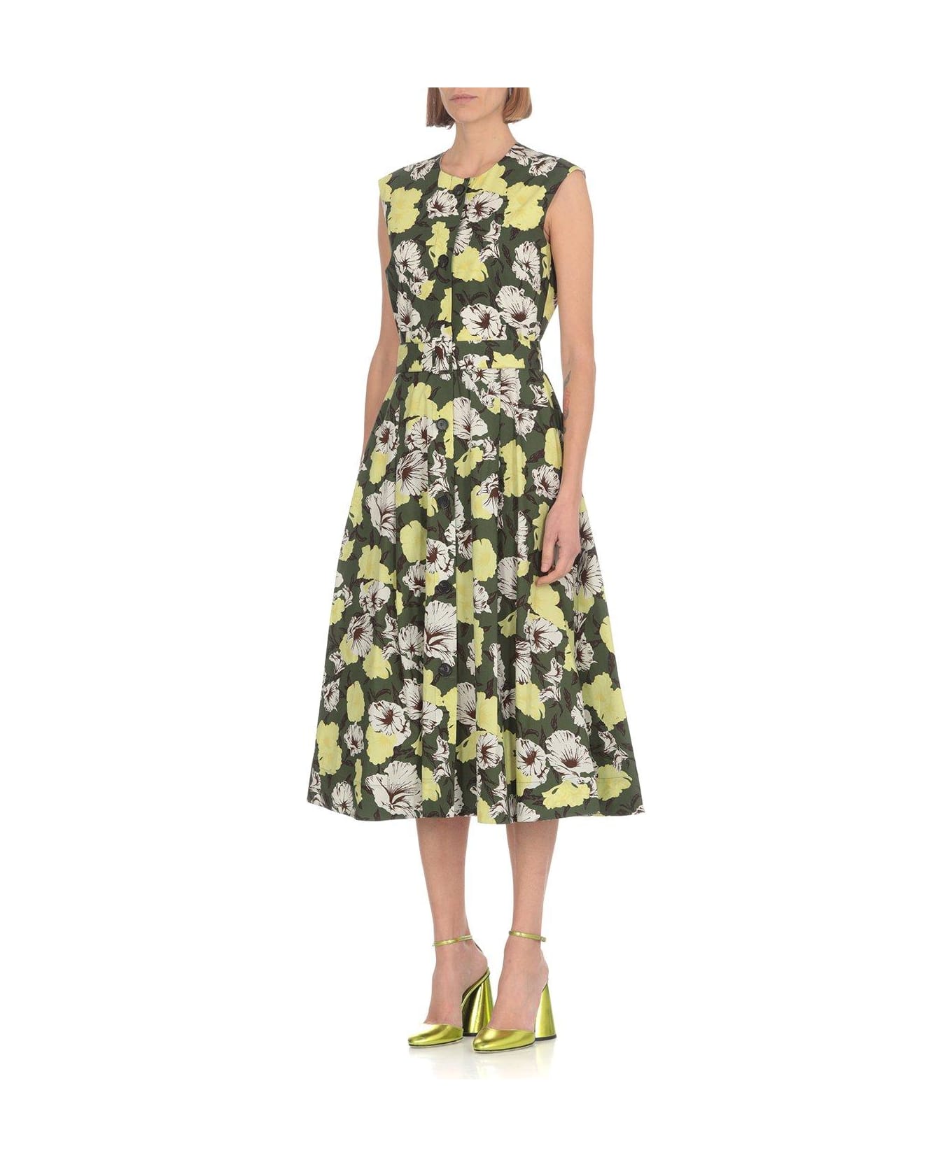 MSGM Floral Print Button-up Dress - Military Green