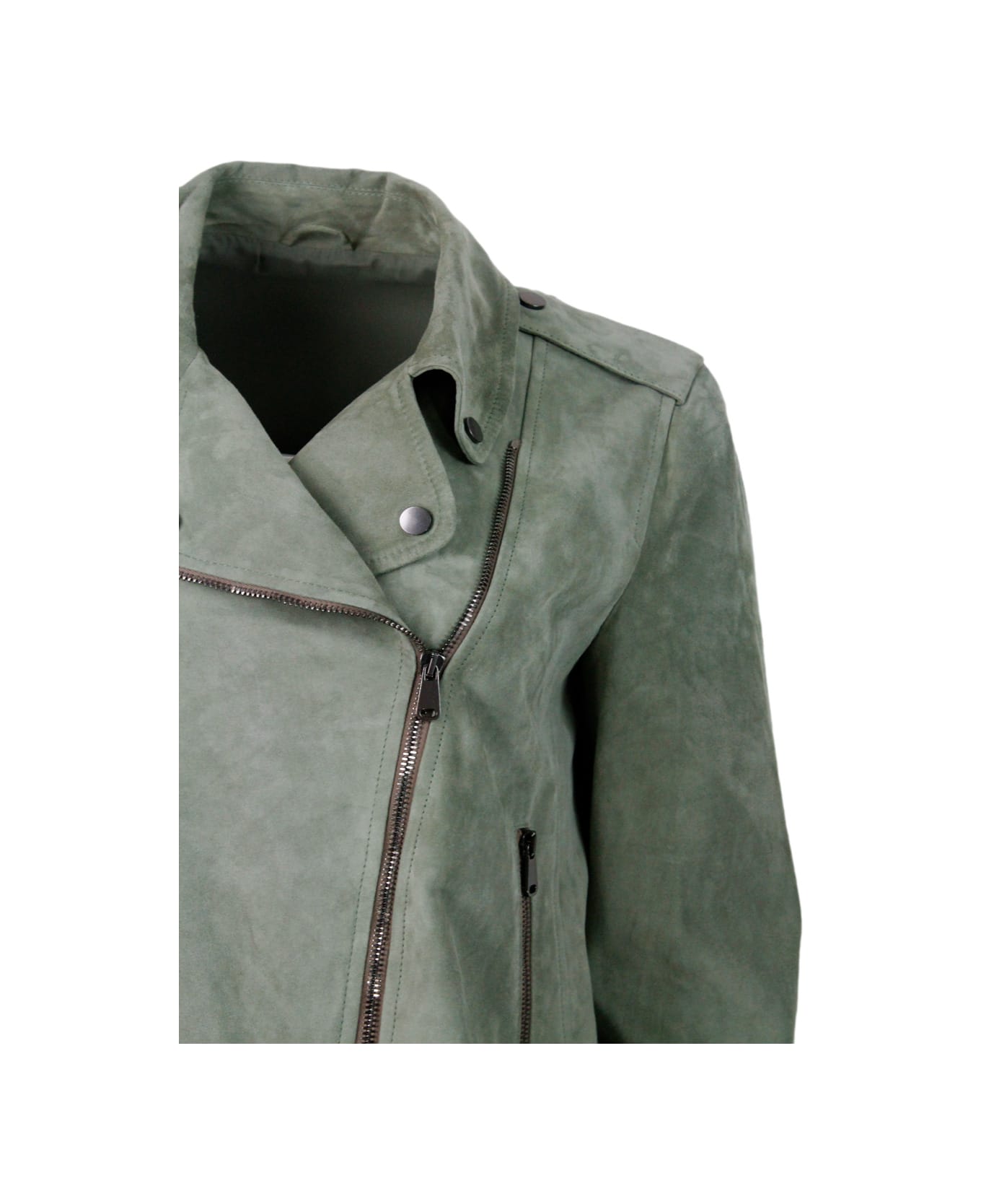 Brunello Cucinelli Biker Jacket In Precious And Soft Suede With Rows Of Brilliant Monili Behind The Neck - Green レザージャケット