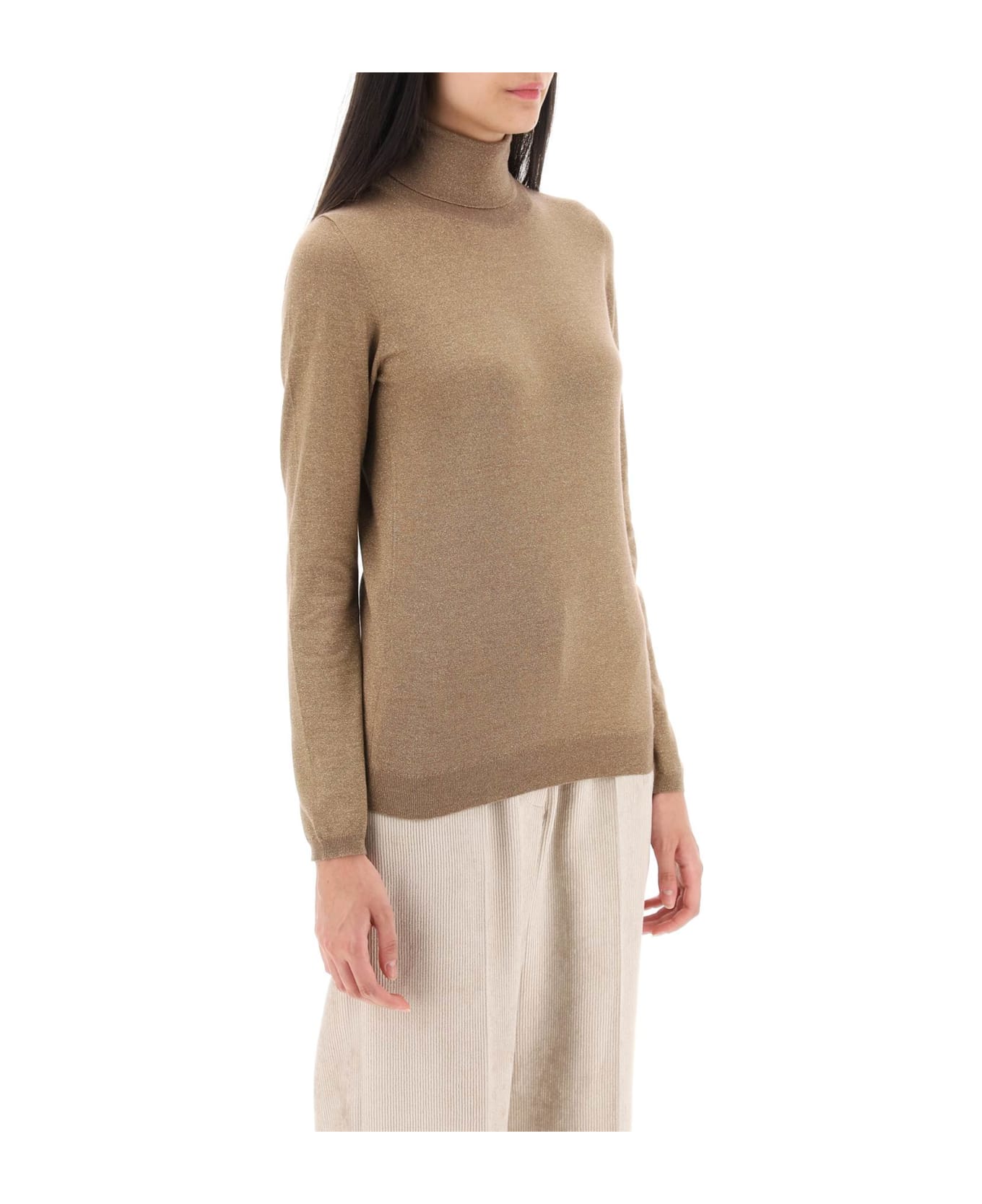 Brunello Cucinelli Turtleneck Sweater In Cashmere And Silk Lurex Knit - TABACCO (Beige)