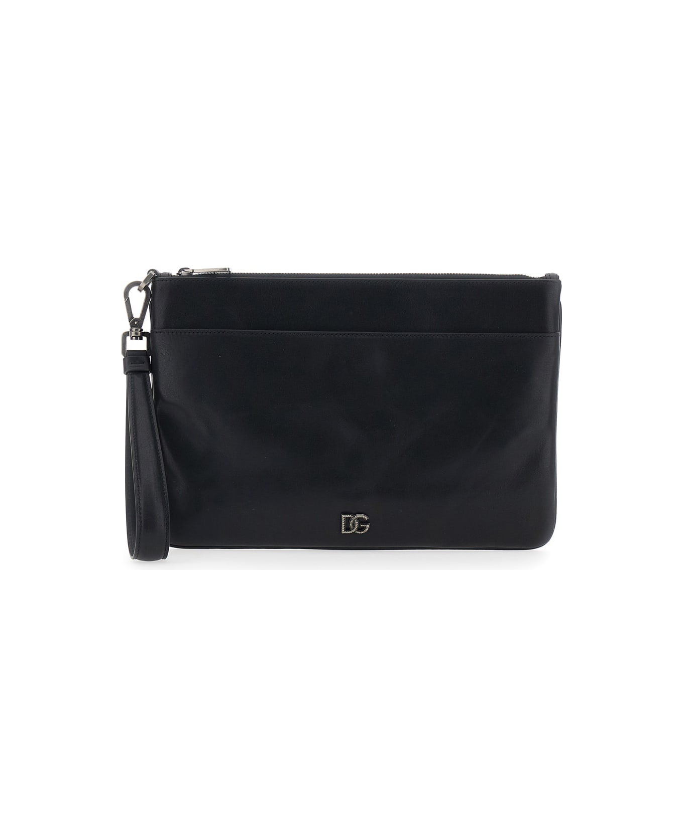 Dolce & Gabbana Black Clutch With Wrist Strap And Logo Plaque On The Front In Leather Man - Black