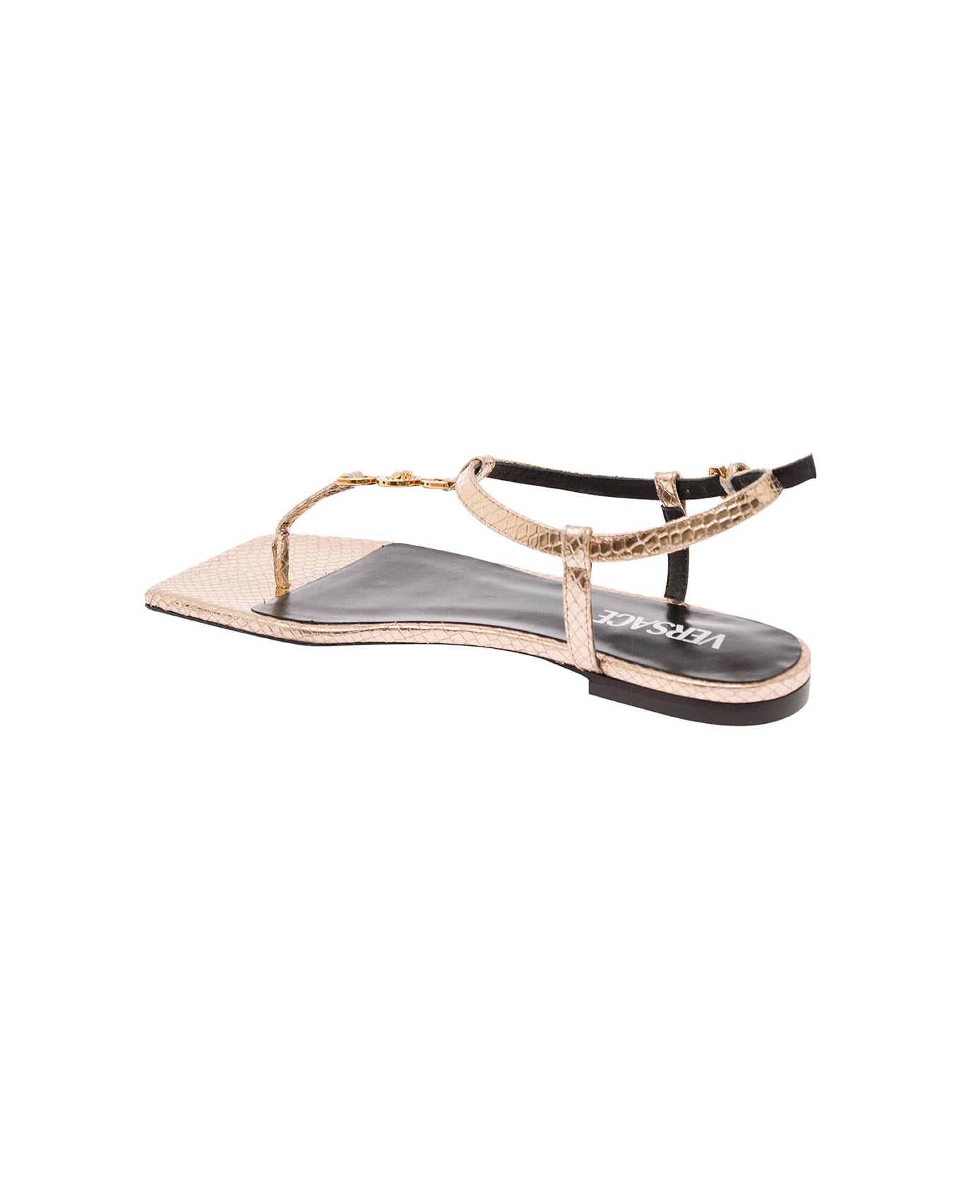 Versace 'medusa '95' Gold-colored Low Sandals With Logo Detail In Snake-printed Leather Woman - Metallic