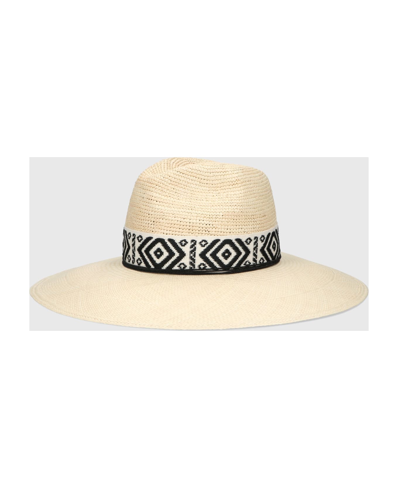 Borsalino Sophie Panama Semicrochet Patterned Hatband - NATURAL, PATTERNED BLACK/CREAM HAT BAND