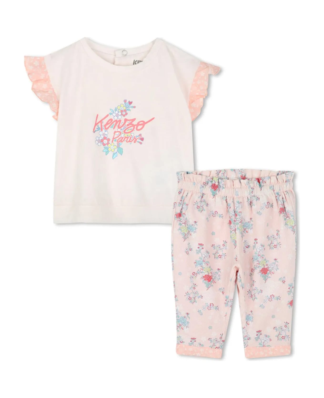 Kenzo Kids Pink Set For Baby Girl With Logo And Flowers - Pink
