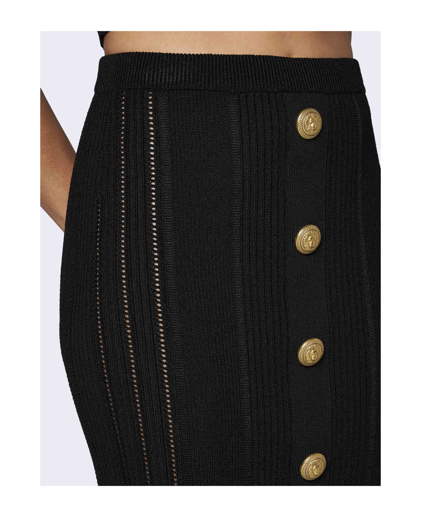 Balmain High Waist Five Button See Through Knit Midi Skirt - Black