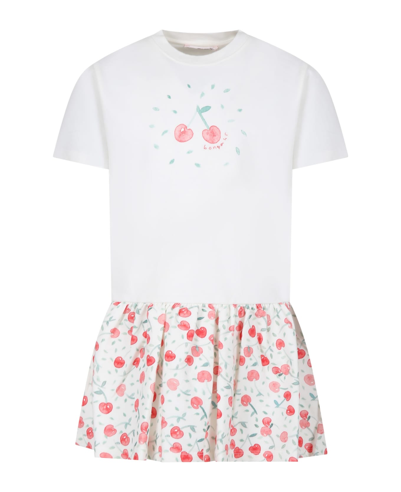Bonpoint White Dress For Girl With Cherries Print - White ワンピース＆ドレス