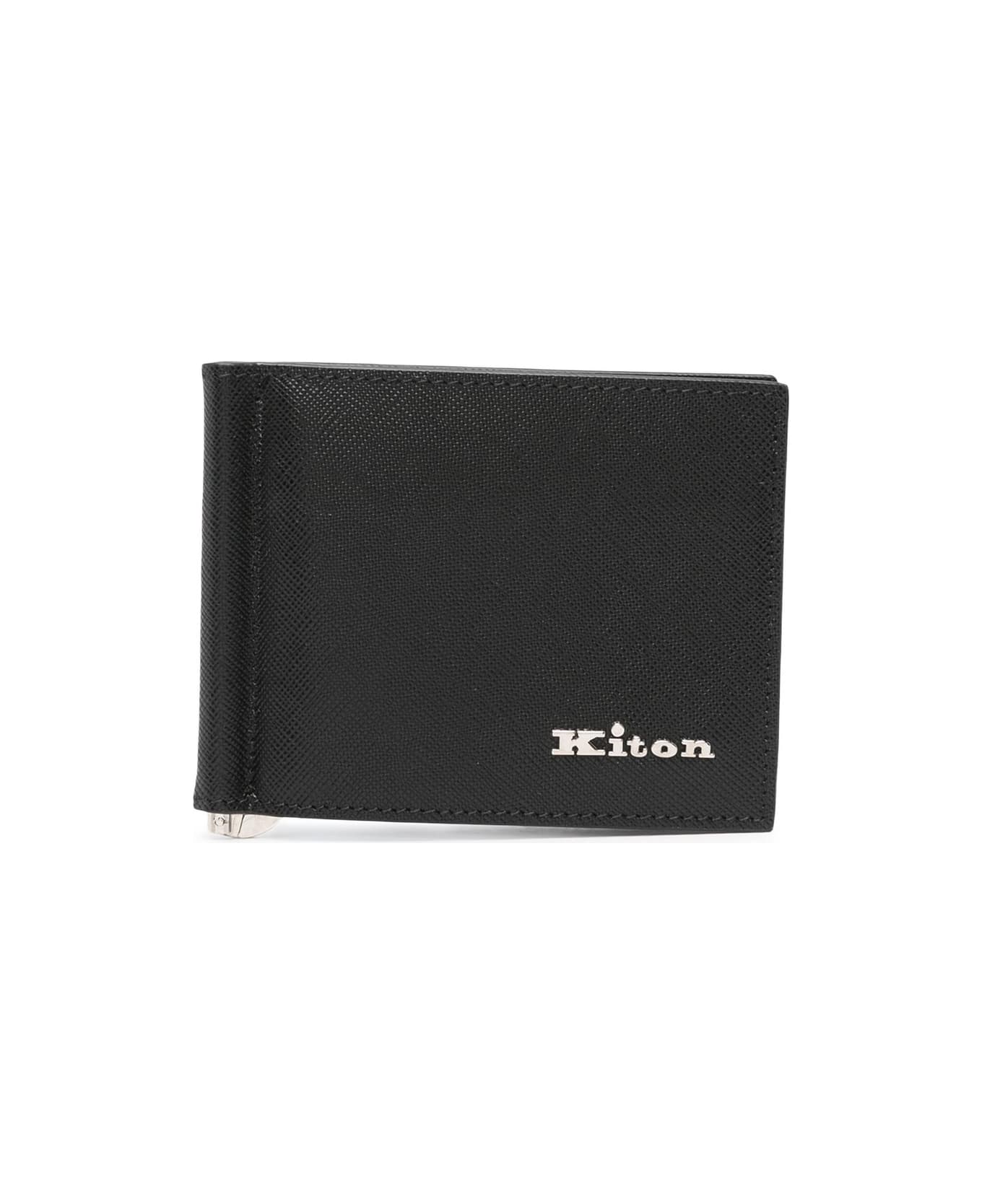 Kiton Black Leather Folding Card Holder With Logo - Black