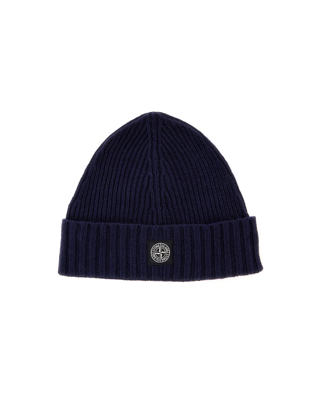 Stone Island Blue Beanie With Logo Patch In Knit Boy