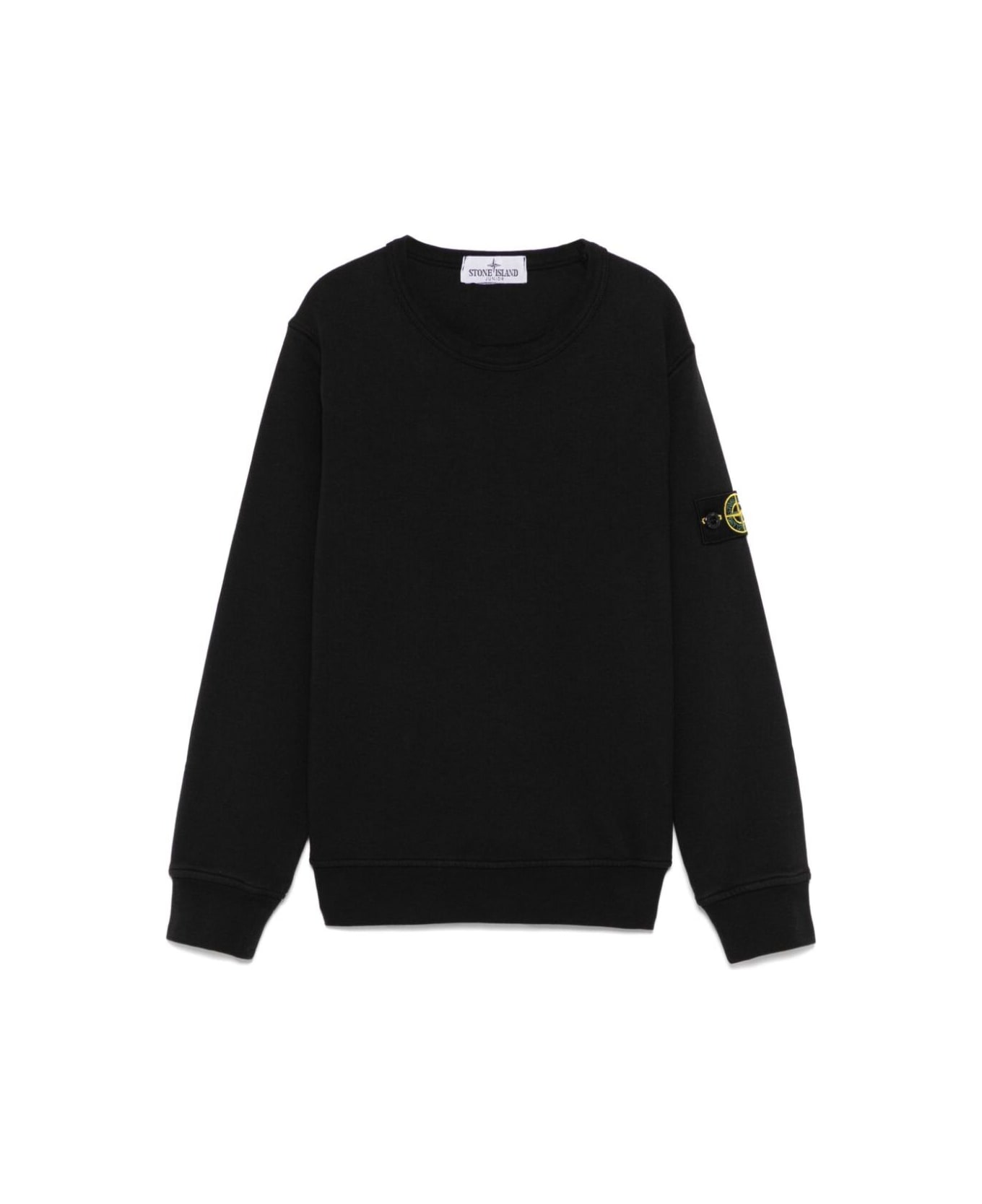 Stone Island Junior Black Crewneck Sweatshirt With Logo Patch On The Sleeve In Cotton Boy - Black
