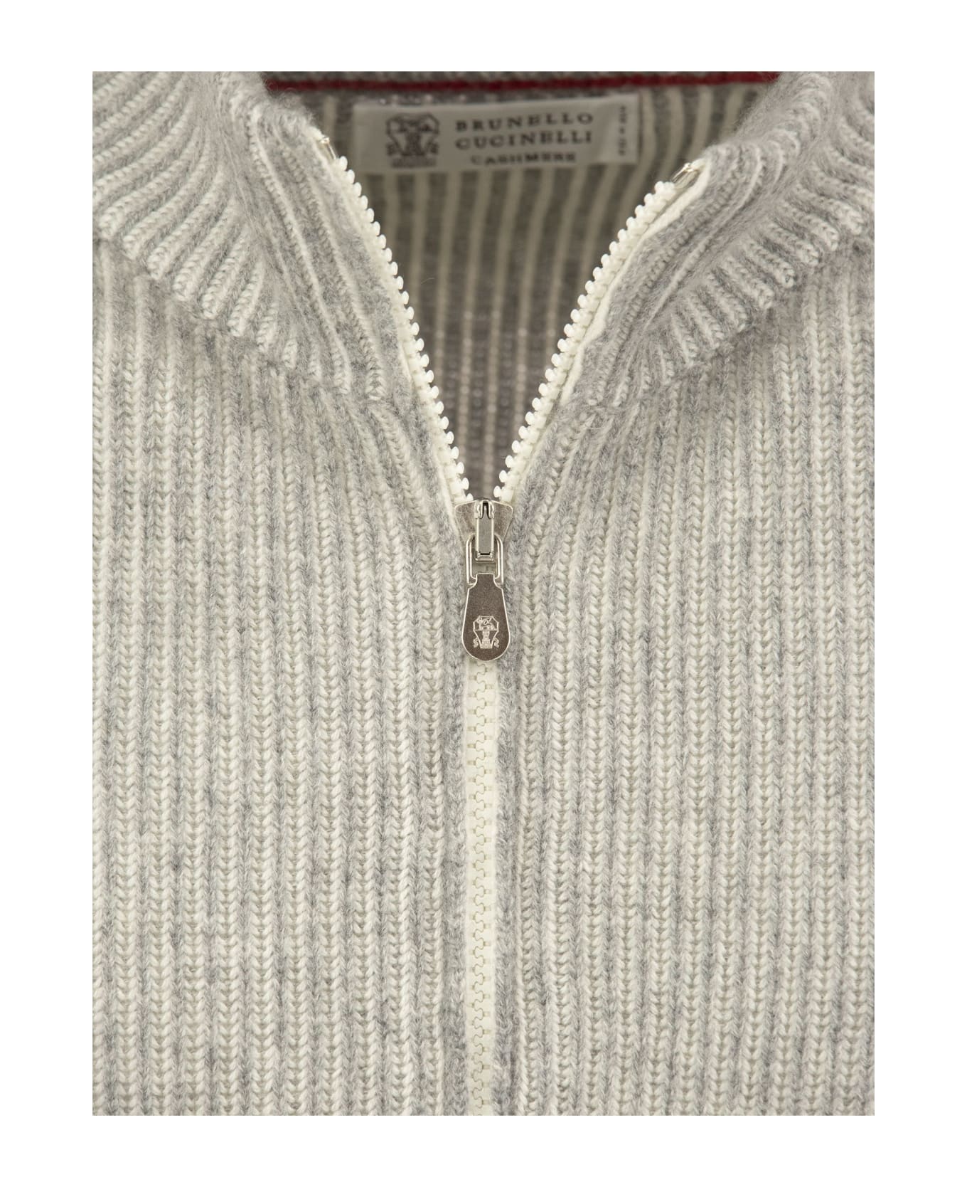 Brunello Cucinelli Zipped Cardigan Sweater With High Vanisè Collar In Cashmere - Grey ニットウェア