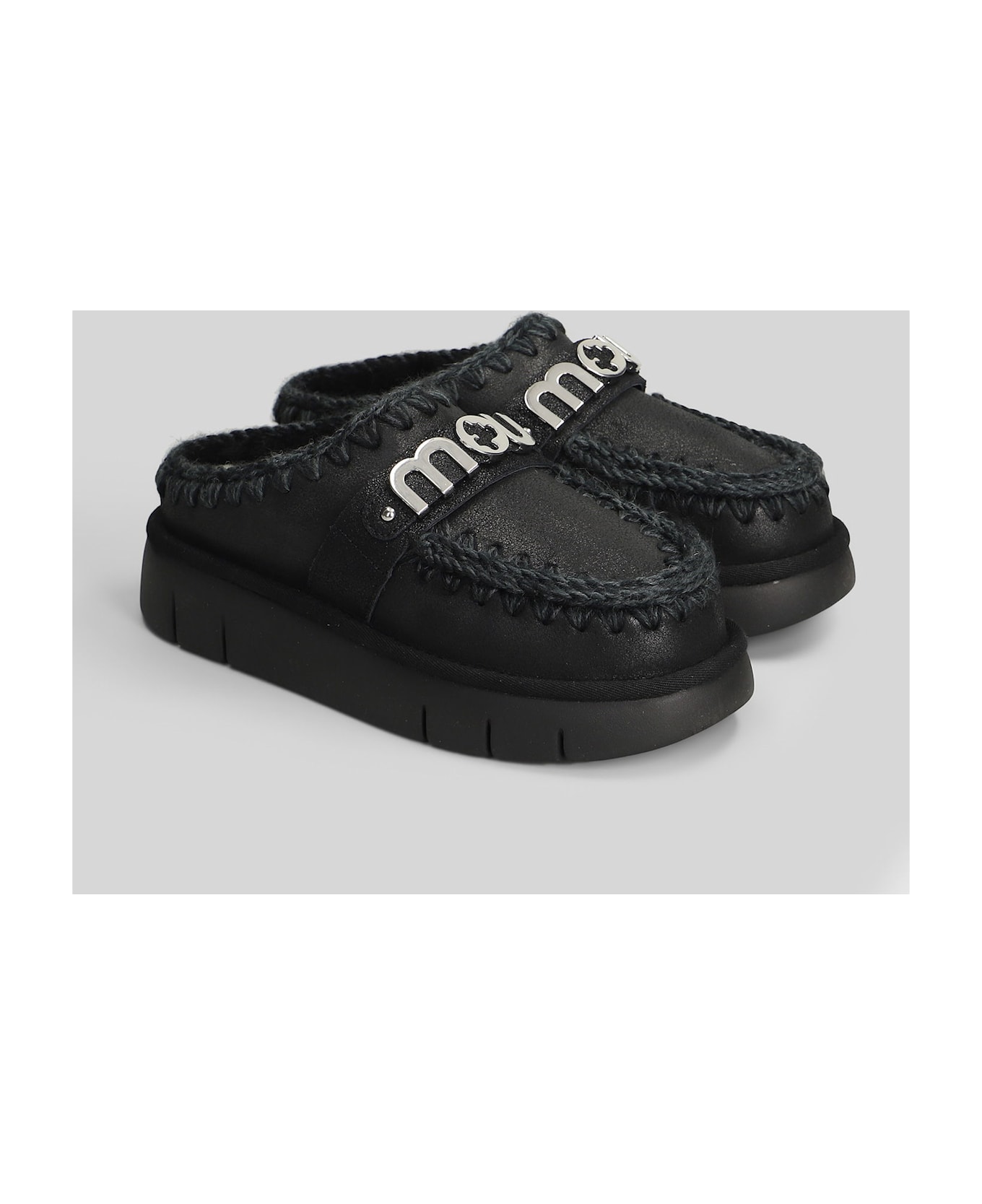 Mou Bounce Clog Slipper-mule In Black Leather - black